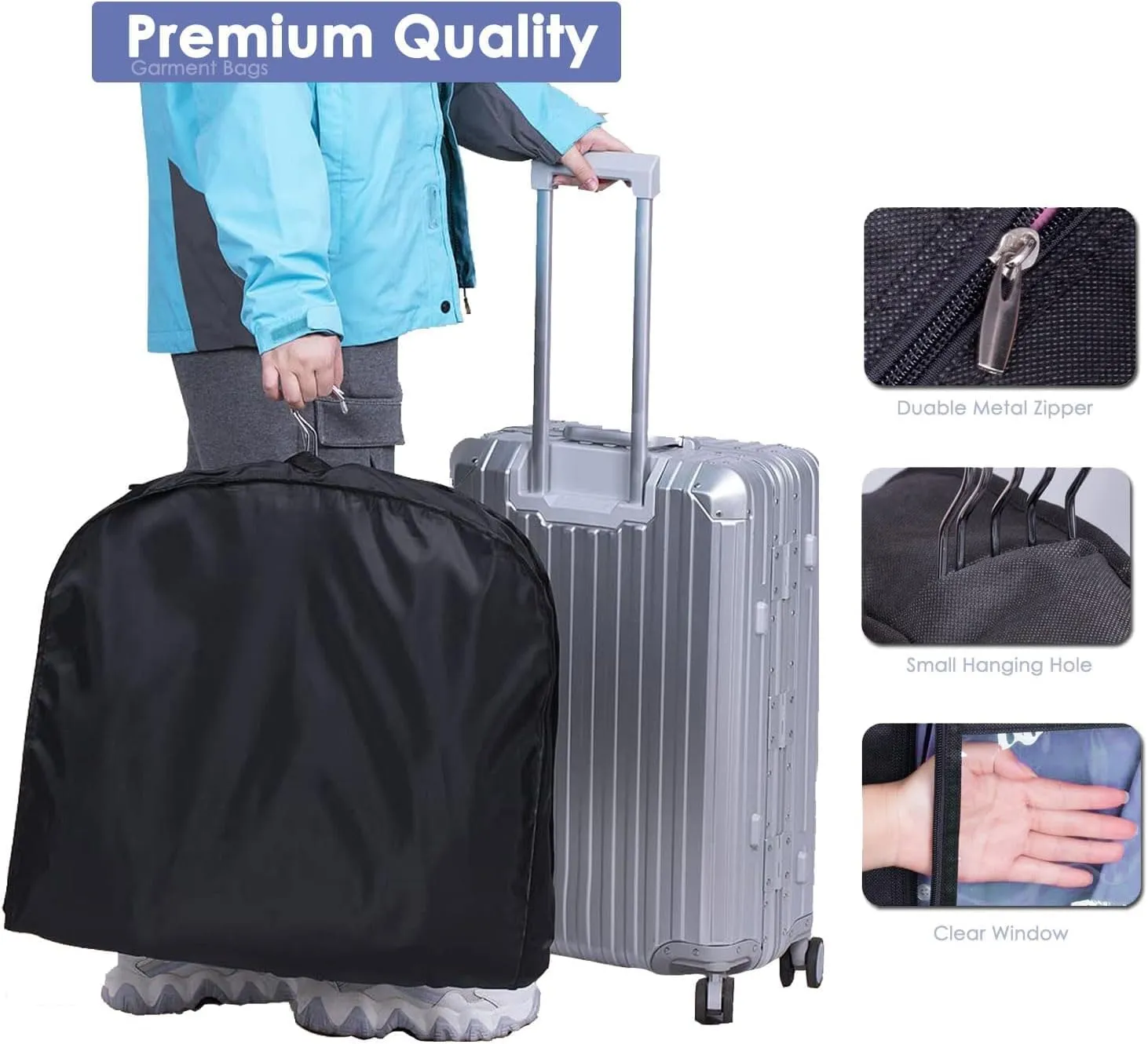 Clothes Cover 2pcs Garment Bags for Hanging Clothes Zipper Dress Bags with Clear Window PEVA Suit Bags (Color : Black, Size : 60 * 100cm)