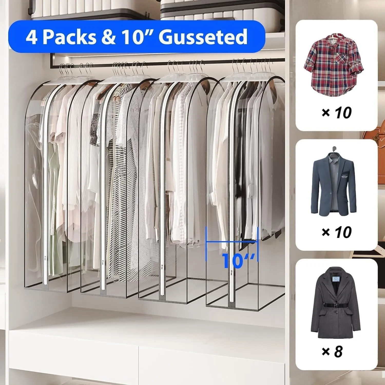 Clothes Cover 4 Pack 40 Clear Garment Bag for Hanging Clothes with 10 Gusseted Suit Bags Suit Bags