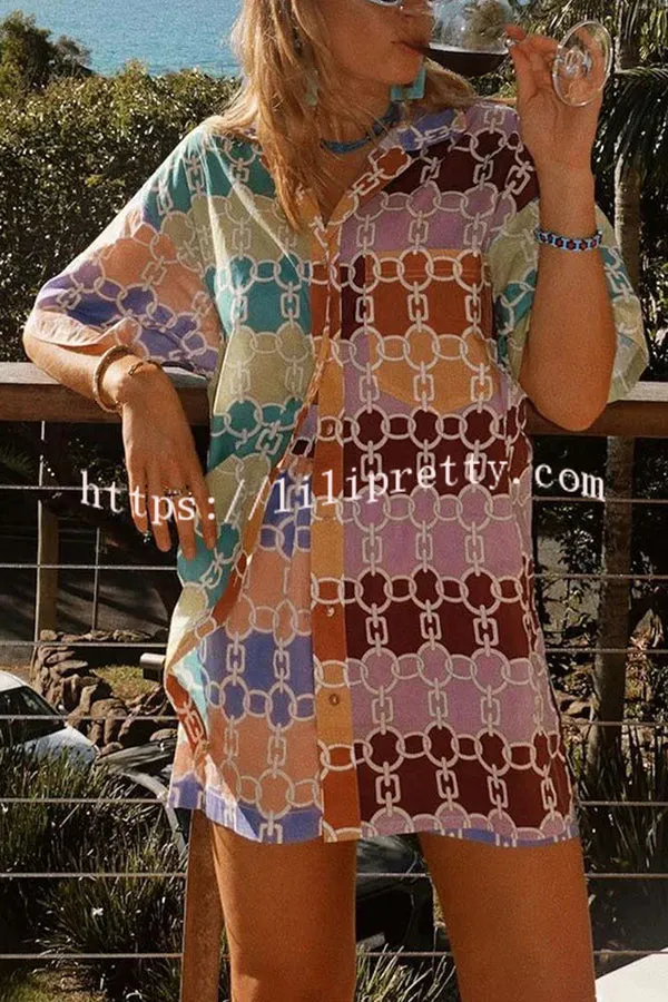 Colorful Block Chain Printed Button Pocket Lace Up Shorts Set