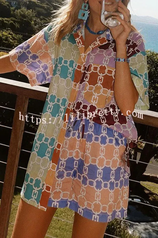 Colorful Block Chain Printed Button Pocket Lace Up Shorts Set