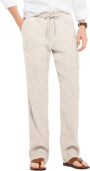 COOFANDY Men's Casual Linen Summer Beach Pants Lightweight Drawstring Elastic Waist Yoga Trousers