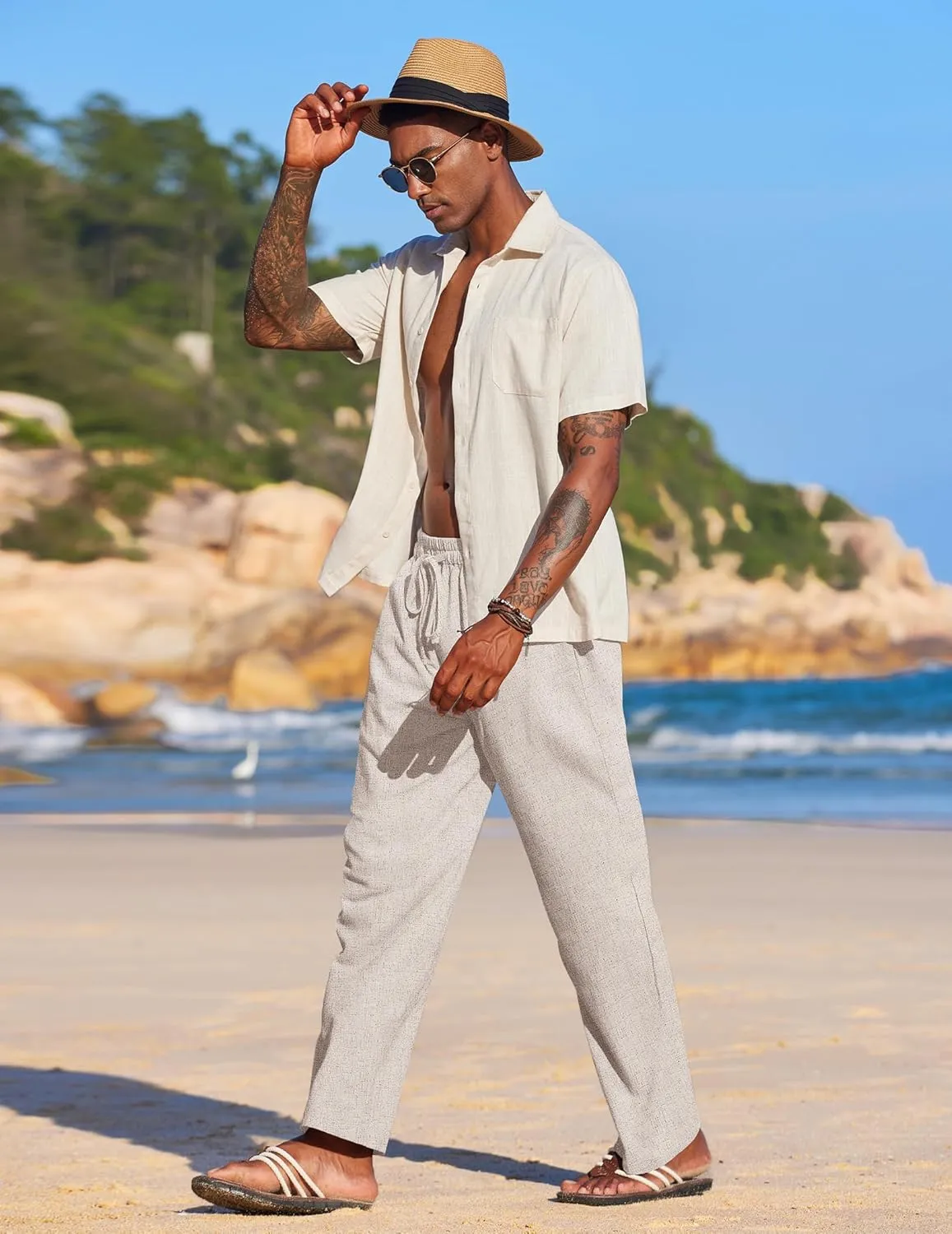 COOFANDY Men's Casual Linen Summer Beach Pants Lightweight Drawstring Elastic Waist Yoga Trousers