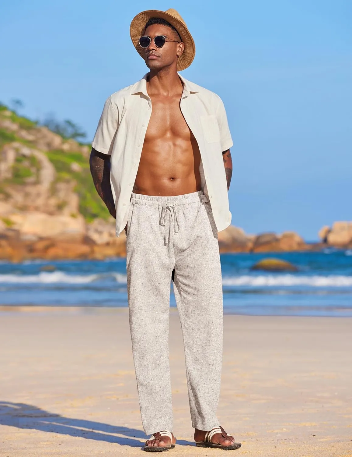 COOFANDY Men's Casual Linen Summer Beach Pants Lightweight Drawstring Elastic Waist Yoga Trousers