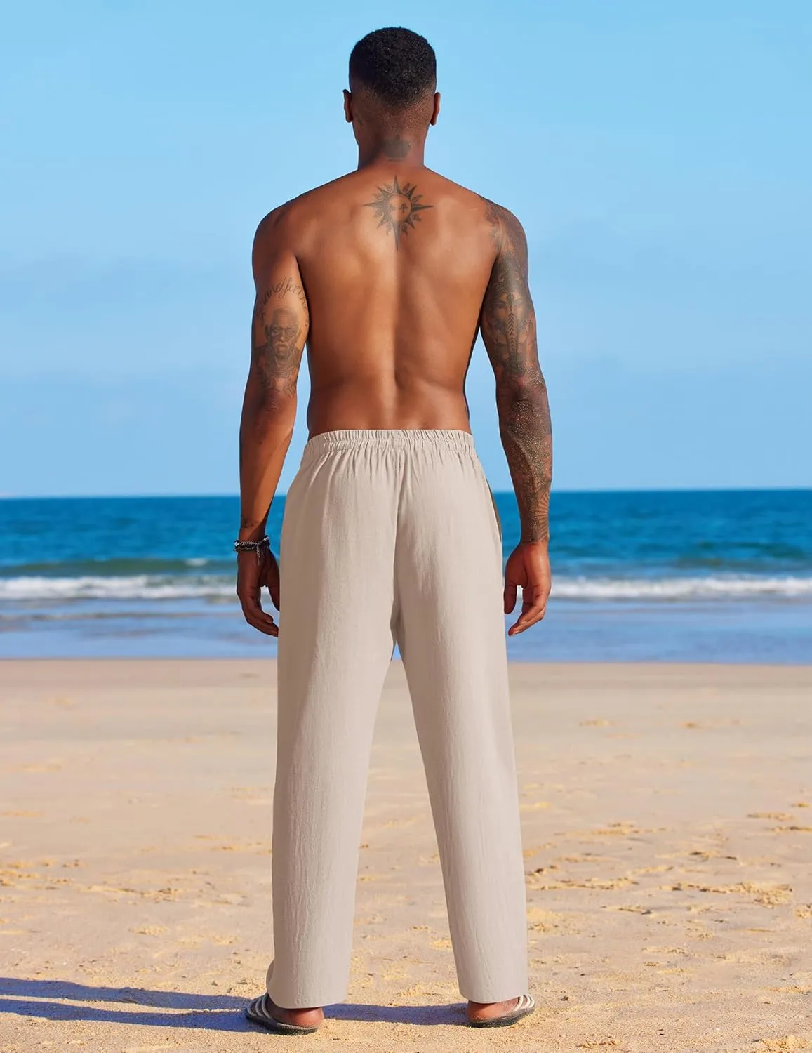 COOFANDY Men's Casual Linen Summer Beach Pants Lightweight Drawstring Elastic Waist Yoga Trousers