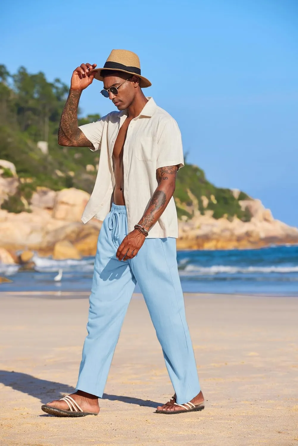 COOFANDY Men's Casual Linen Summer Beach Pants Lightweight Drawstring Elastic Waist Yoga Trousers