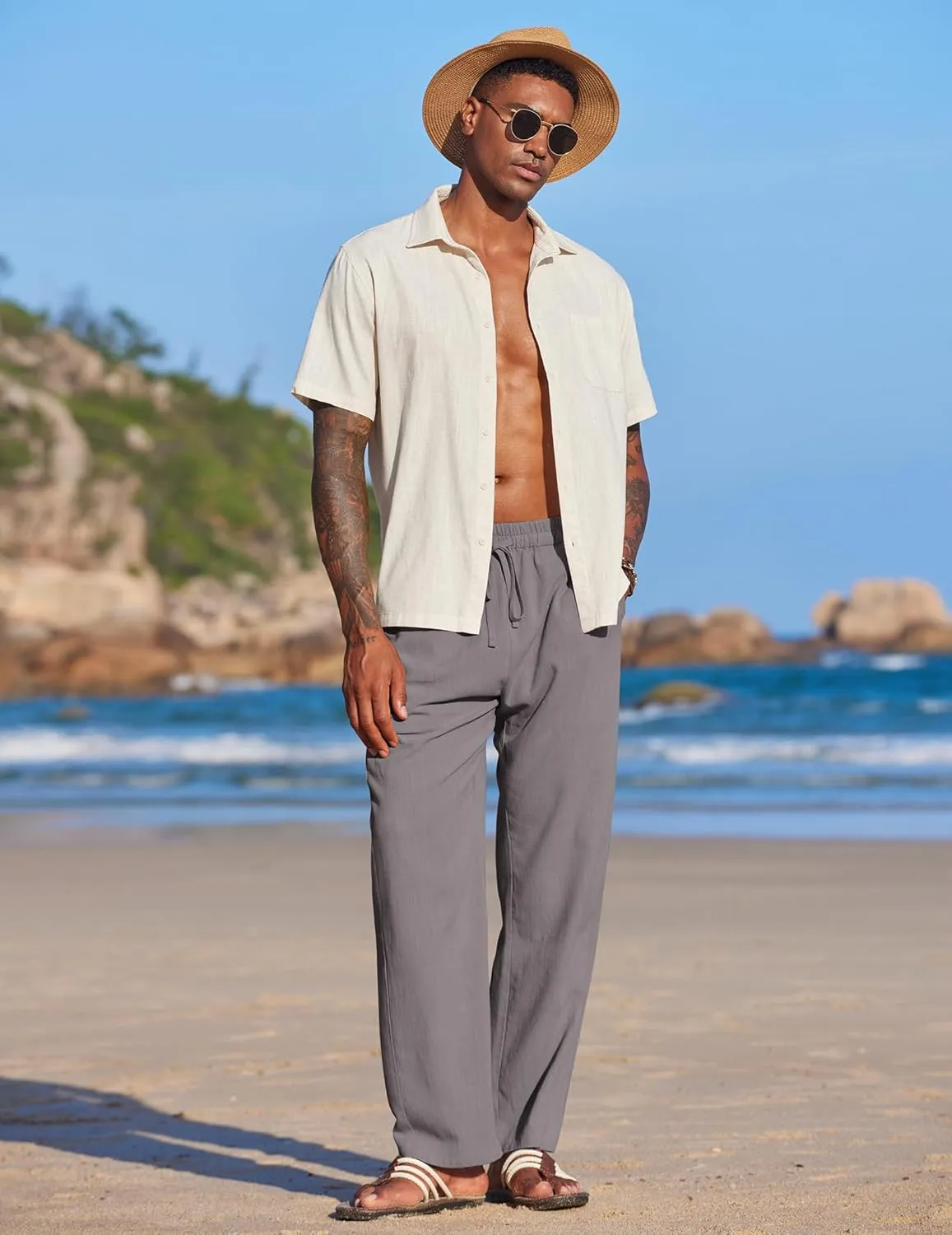 COOFANDY Men's Casual Linen Summer Beach Pants Lightweight Drawstring Elastic Waist Yoga Trousers