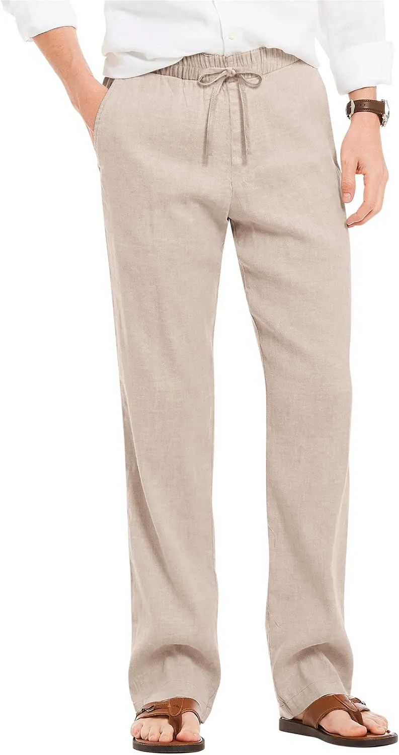 COOFANDY Men's Casual Linen Summer Beach Pants Lightweight Drawstring Elastic Waist Yoga Trousers