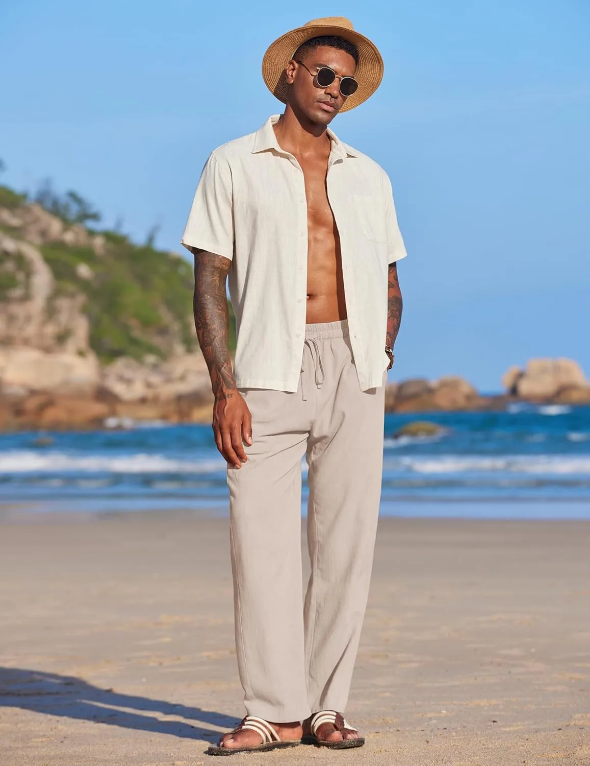 COOFANDY Men's Casual Linen Summer Beach Pants Lightweight Drawstring Elastic Waist Yoga Trousers