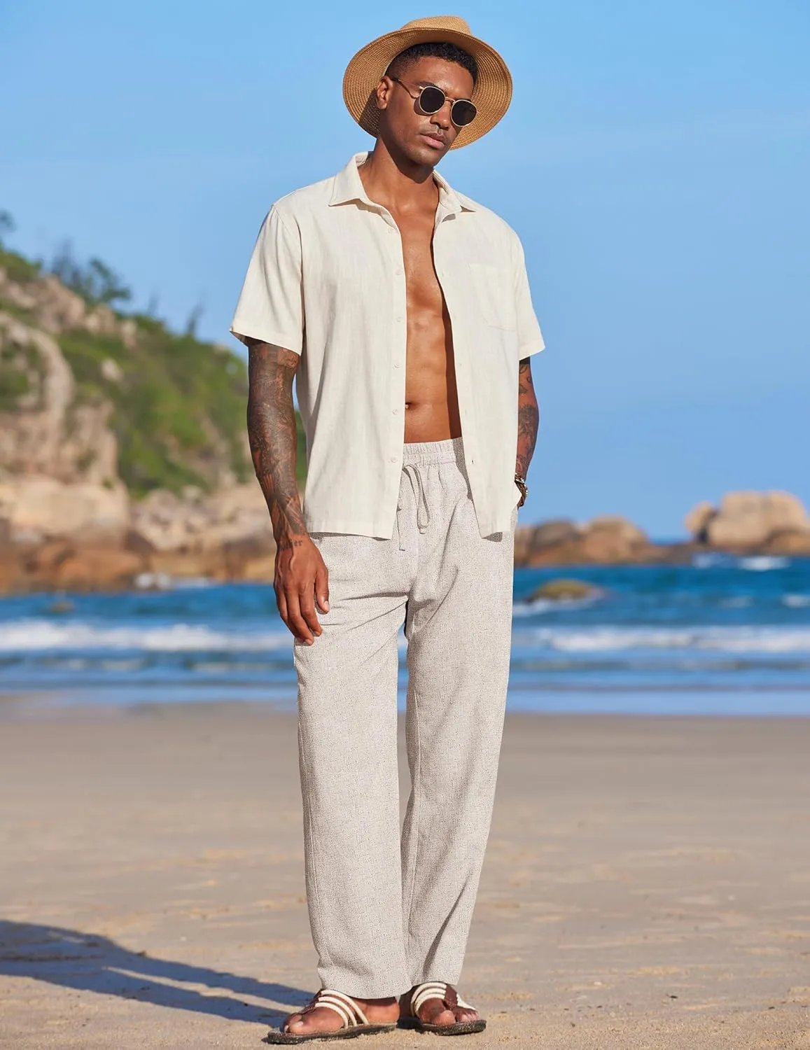 COOFANDY Men's Casual Linen Summer Beach Pants Lightweight Drawstring Elastic Waist Yoga Trousers