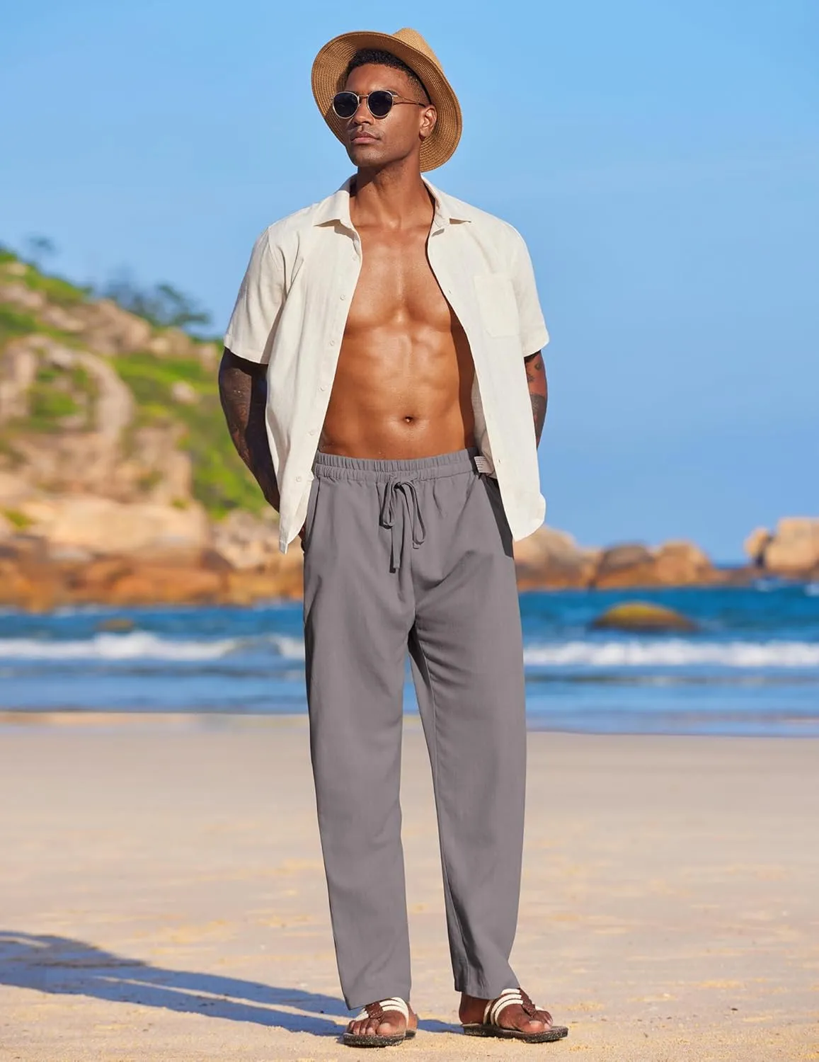 COOFANDY Men's Casual Linen Summer Beach Pants Lightweight Drawstring Elastic Waist Yoga Trousers