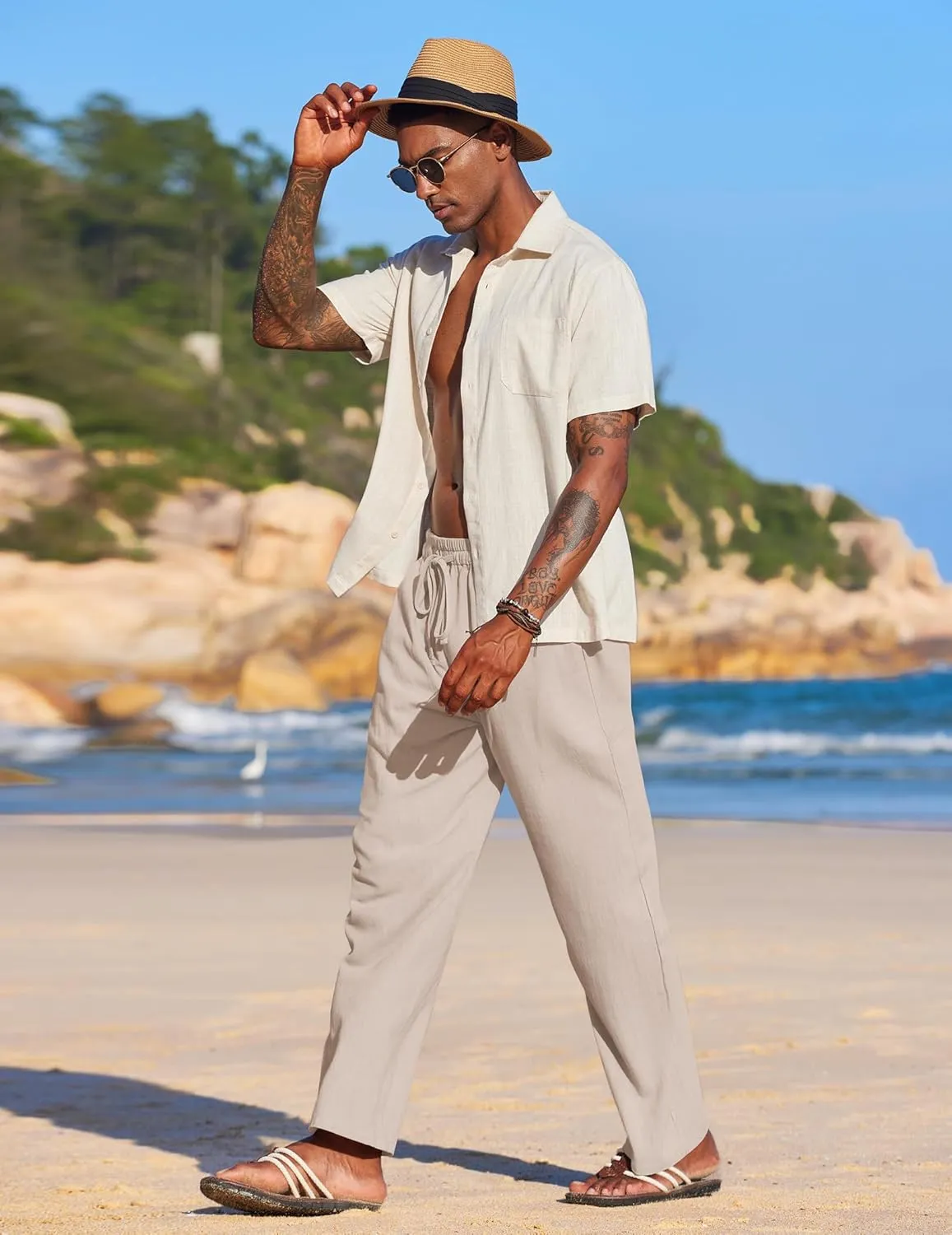 COOFANDY Men's Casual Linen Summer Beach Pants Lightweight Drawstring Elastic Waist Yoga Trousers