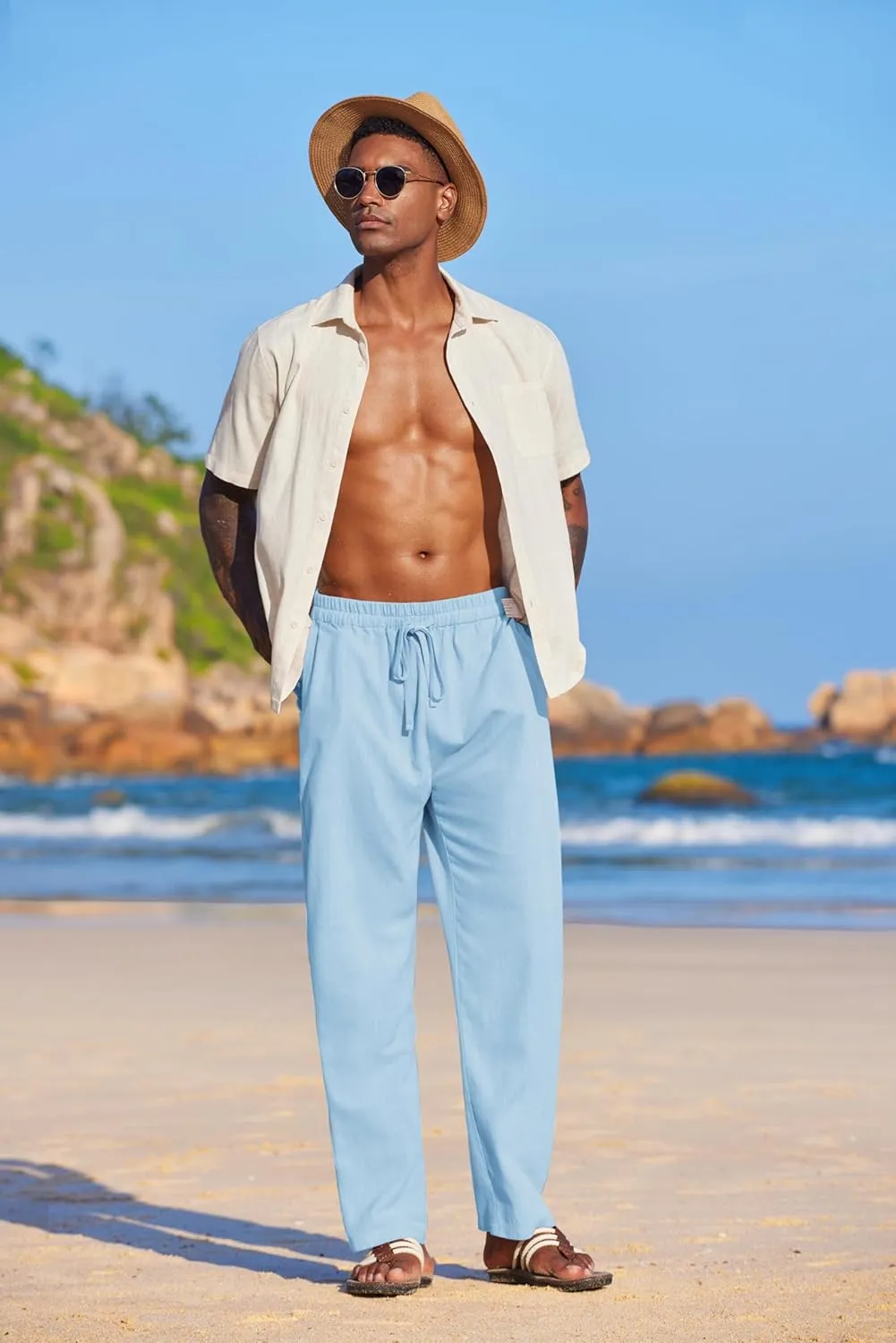 COOFANDY Men's Casual Linen Summer Beach Pants Lightweight Drawstring Elastic Waist Yoga Trousers