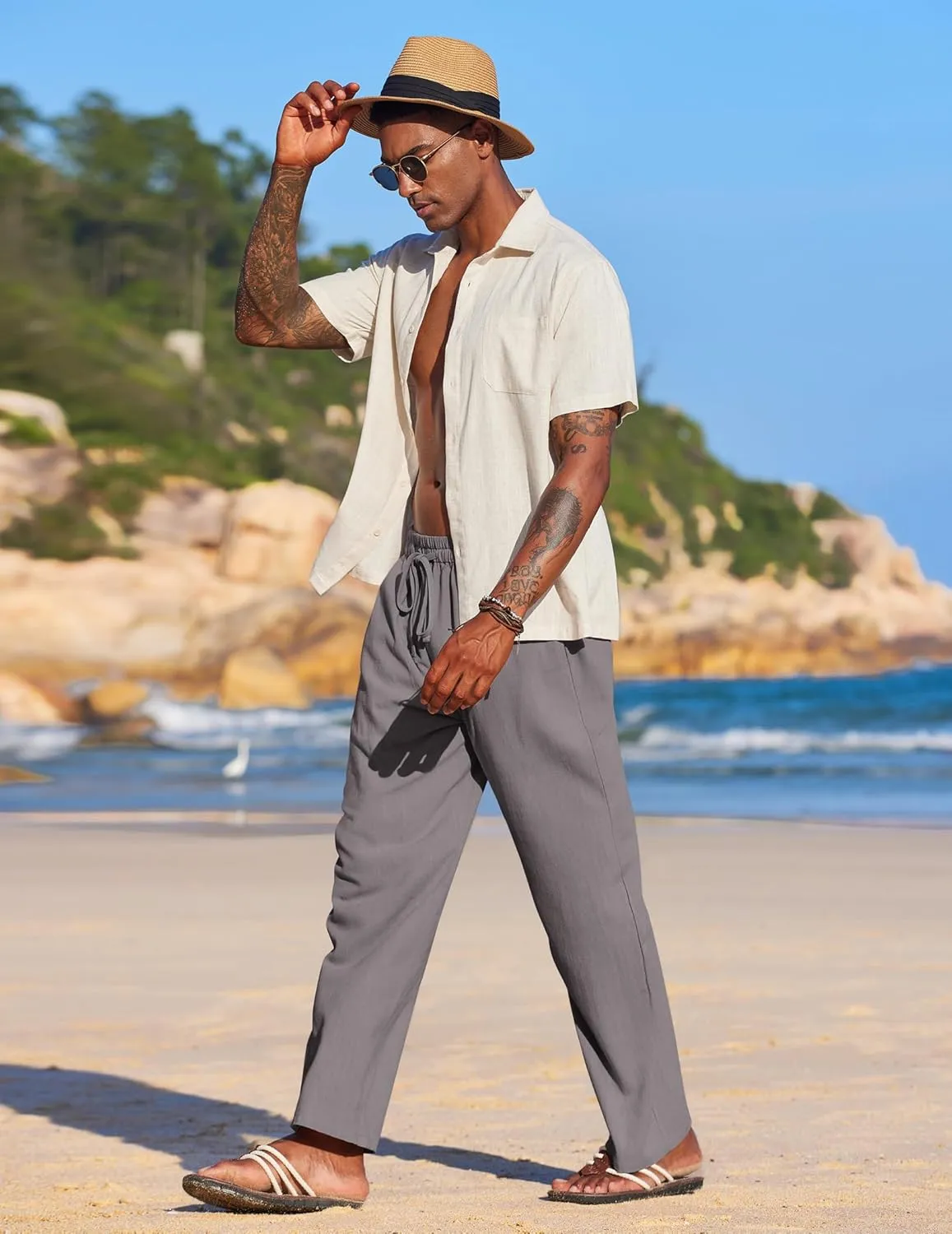 COOFANDY Men's Casual Linen Summer Beach Pants Lightweight Drawstring Elastic Waist Yoga Trousers
