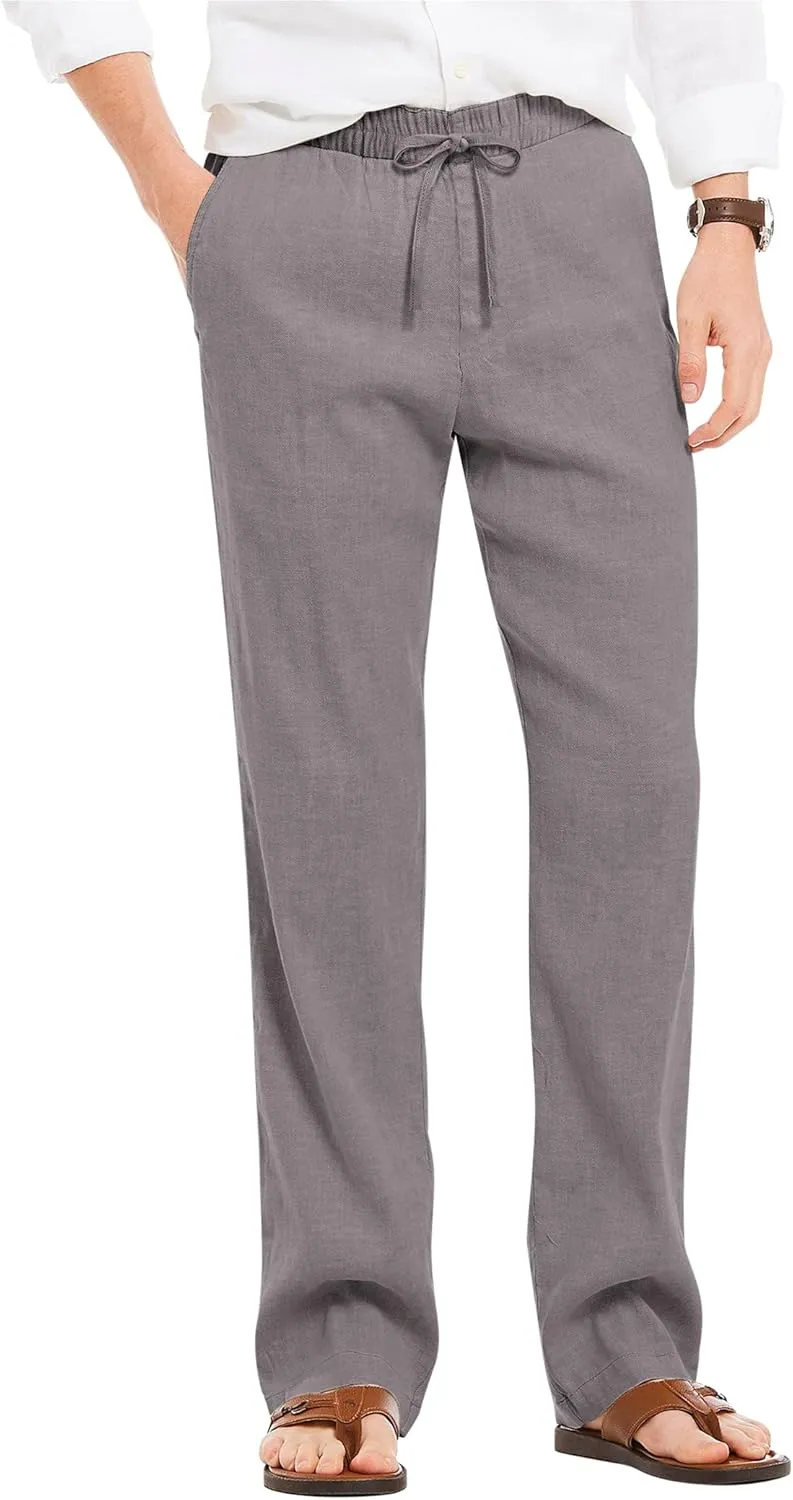 COOFANDY Men's Casual Linen Summer Beach Pants Lightweight Drawstring Elastic Waist Yoga Trousers