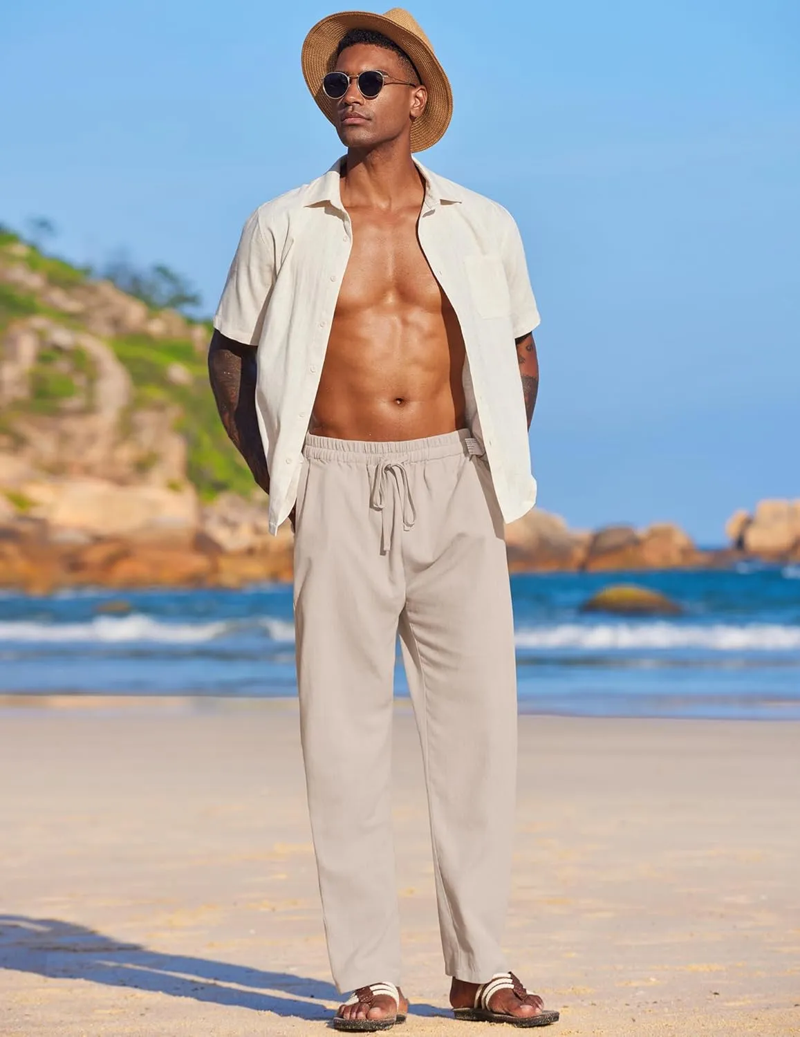 COOFANDY Men's Casual Linen Summer Beach Pants Lightweight Drawstring Elastic Waist Yoga Trousers