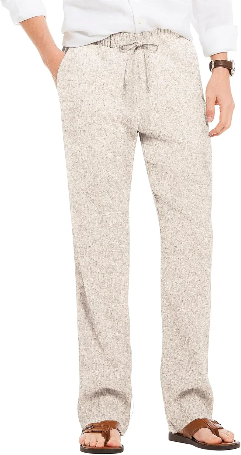 COOFANDY Men's Casual Linen Summer Beach Pants Lightweight Drawstring Elastic Waist Yoga Trousers