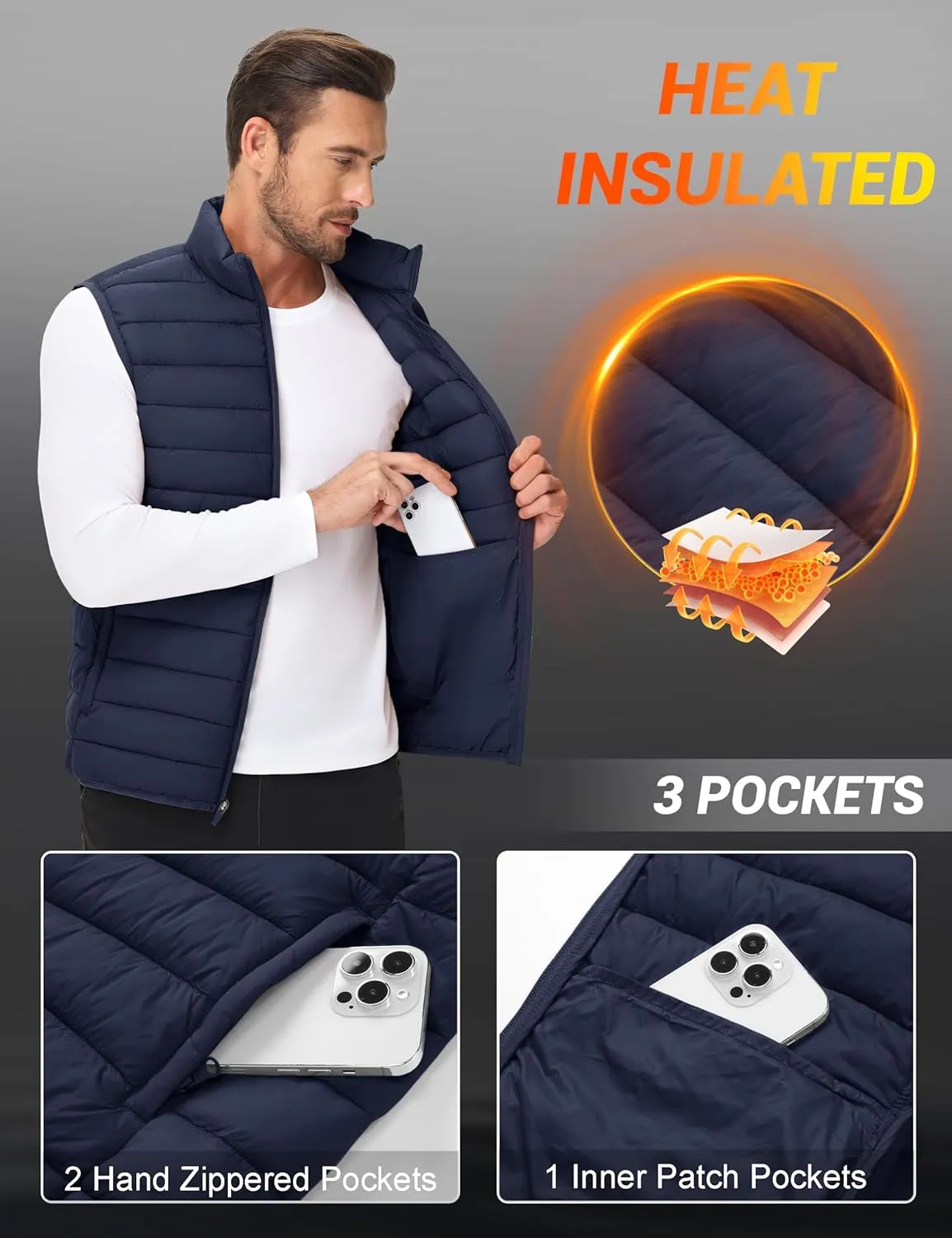 Cotrasen Men's Puffer Lightweight Vest Packable Outerwear Vest Warm Winter Outdoor Sleeveless Jacket for Travel Running