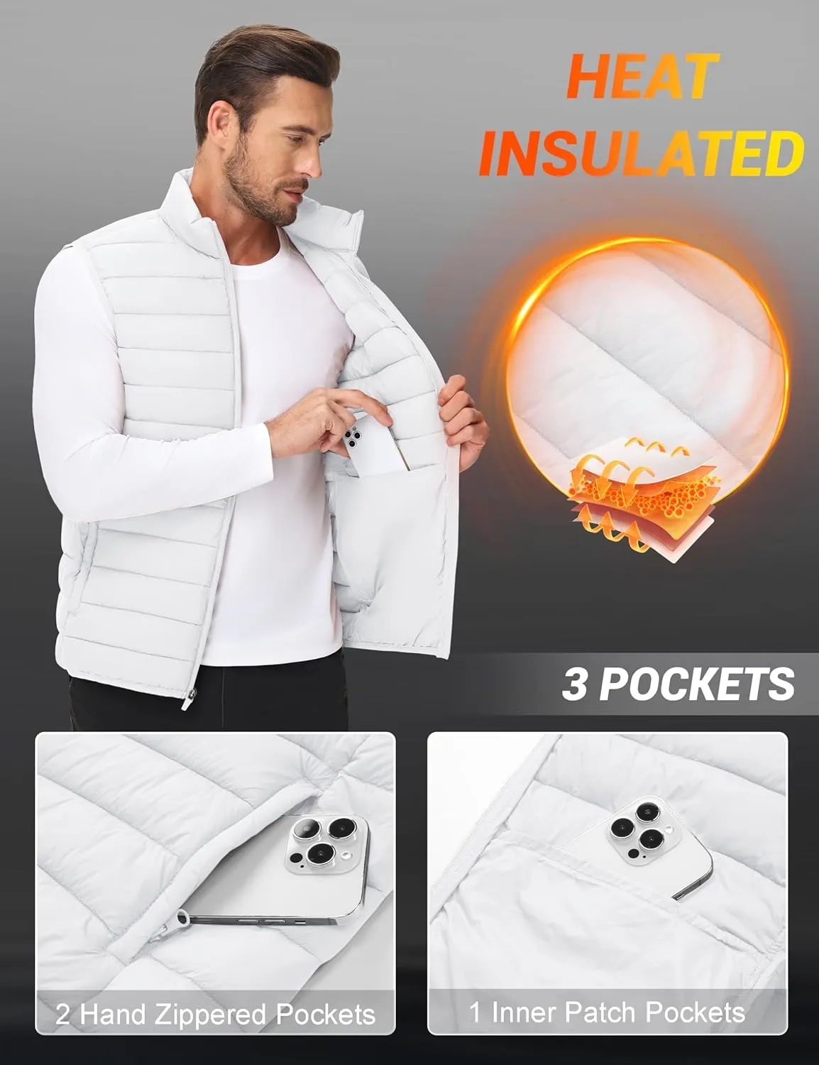 Cotrasen Men's Puffer Lightweight Vest Packable Outerwear Vest Warm Winter Outdoor Sleeveless Jacket for Travel Running