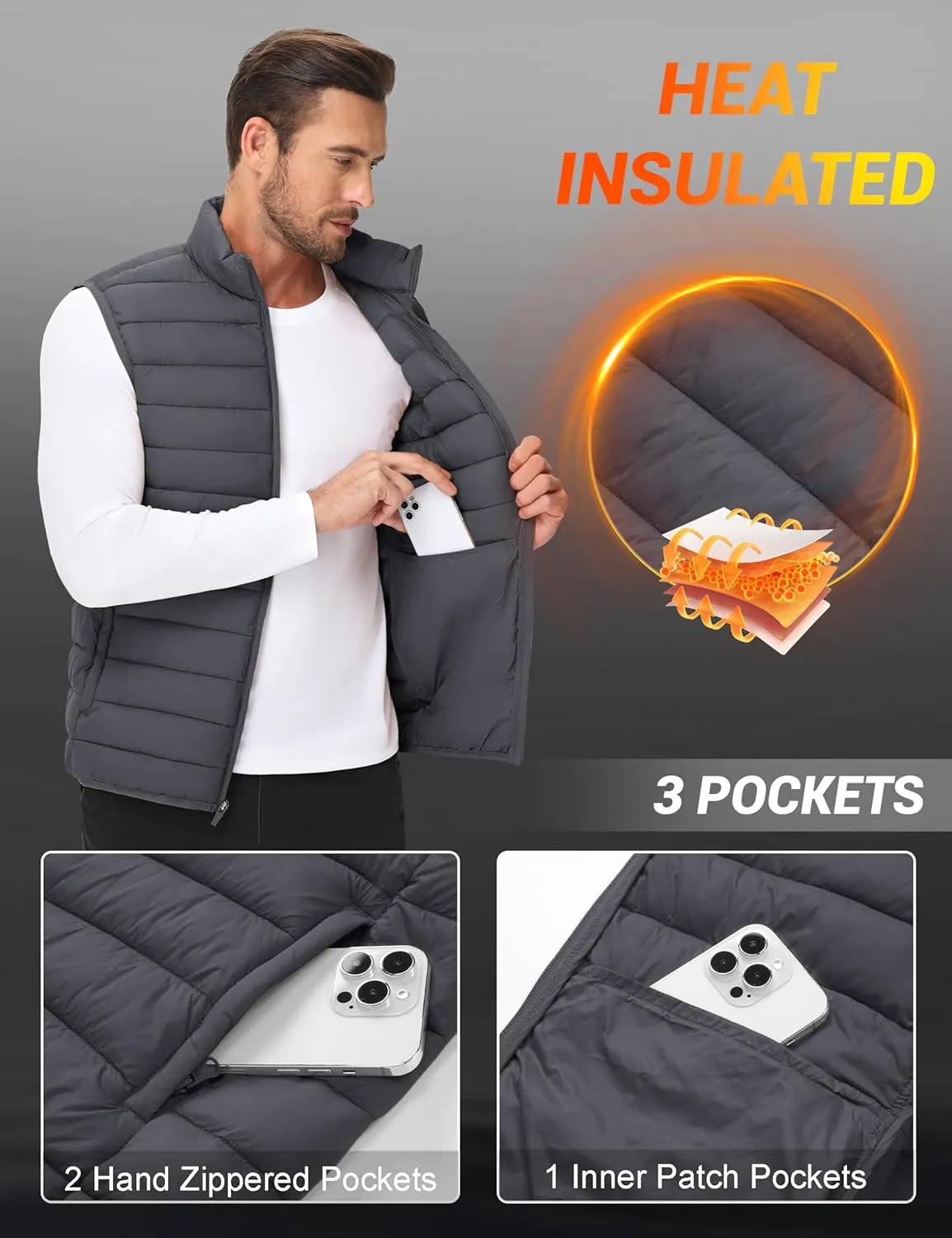 Cotrasen Men's Puffer Lightweight Vest Packable Outerwear Vest Warm Winter Outdoor Sleeveless Jacket for Travel Running