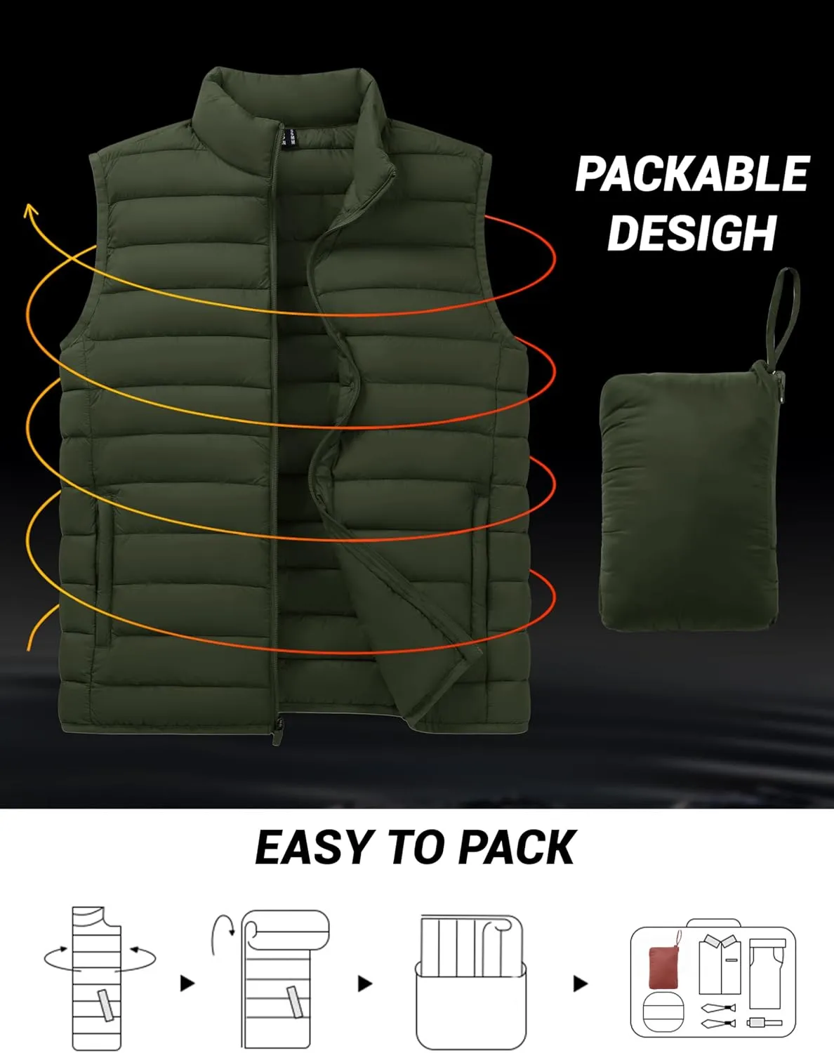Cotrasen Men's Puffer Lightweight Vest Packable Outerwear Vest Warm Winter Outdoor Sleeveless Jacket for Travel Running