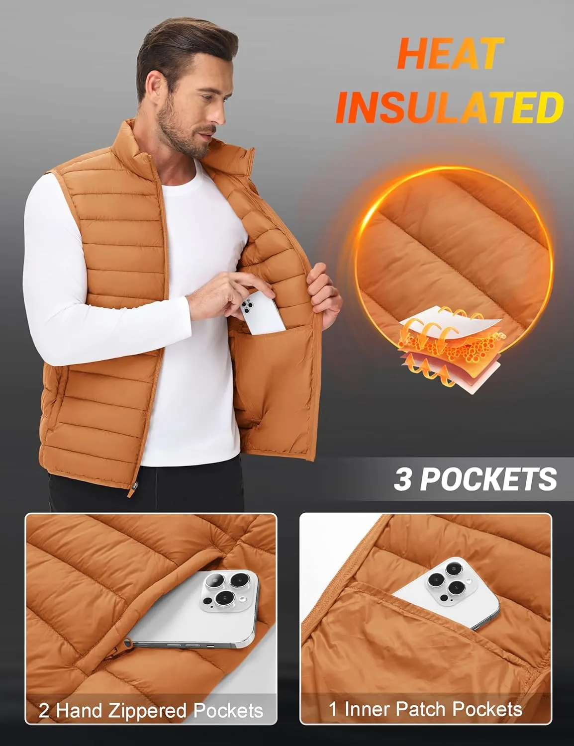 Cotrasen Men's Puffer Lightweight Vest Packable Outerwear Vest Warm Winter Outdoor Sleeveless Jacket for Travel Running