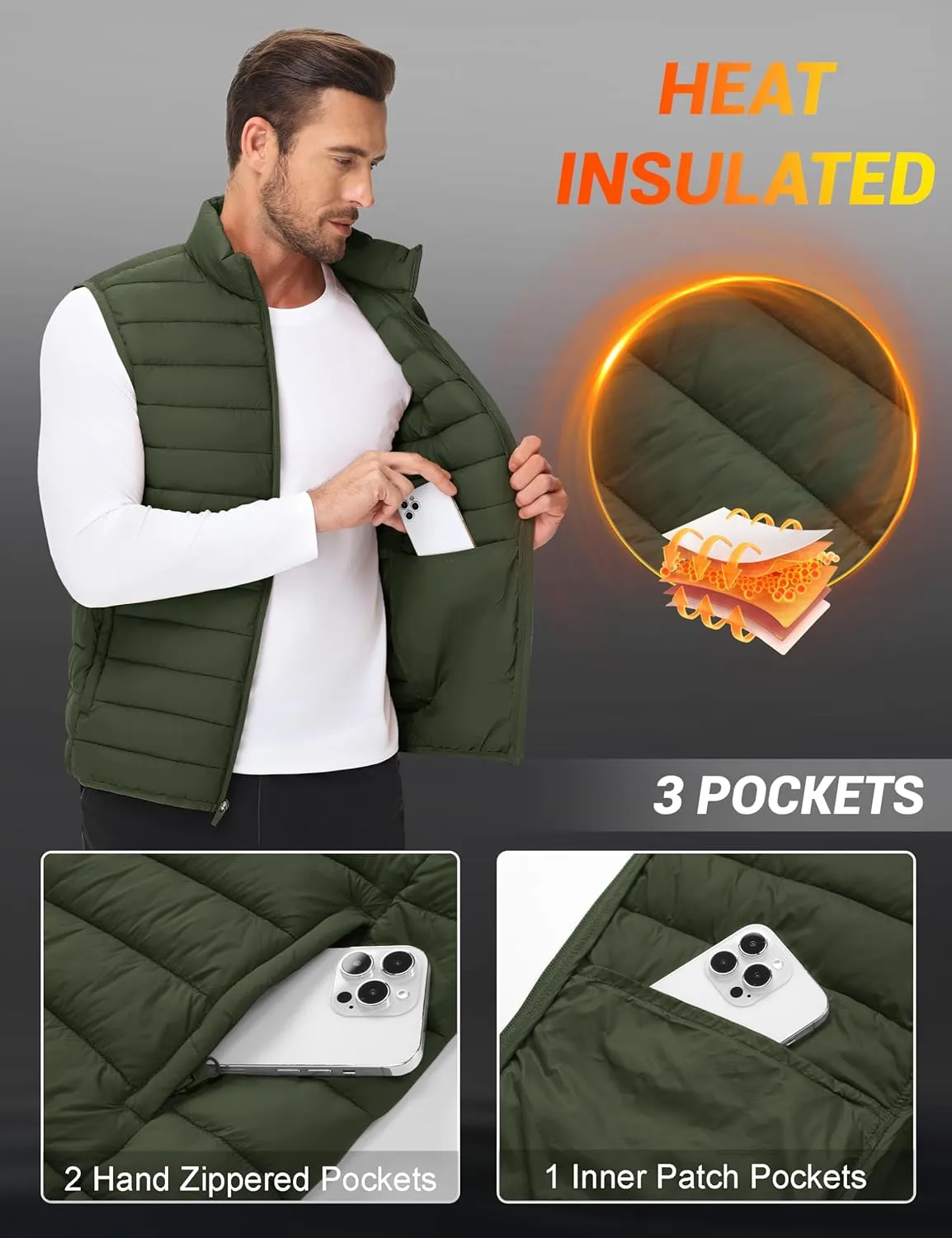 Cotrasen Men's Puffer Lightweight Vest Packable Outerwear Vest Warm Winter Outdoor Sleeveless Jacket for Travel Running