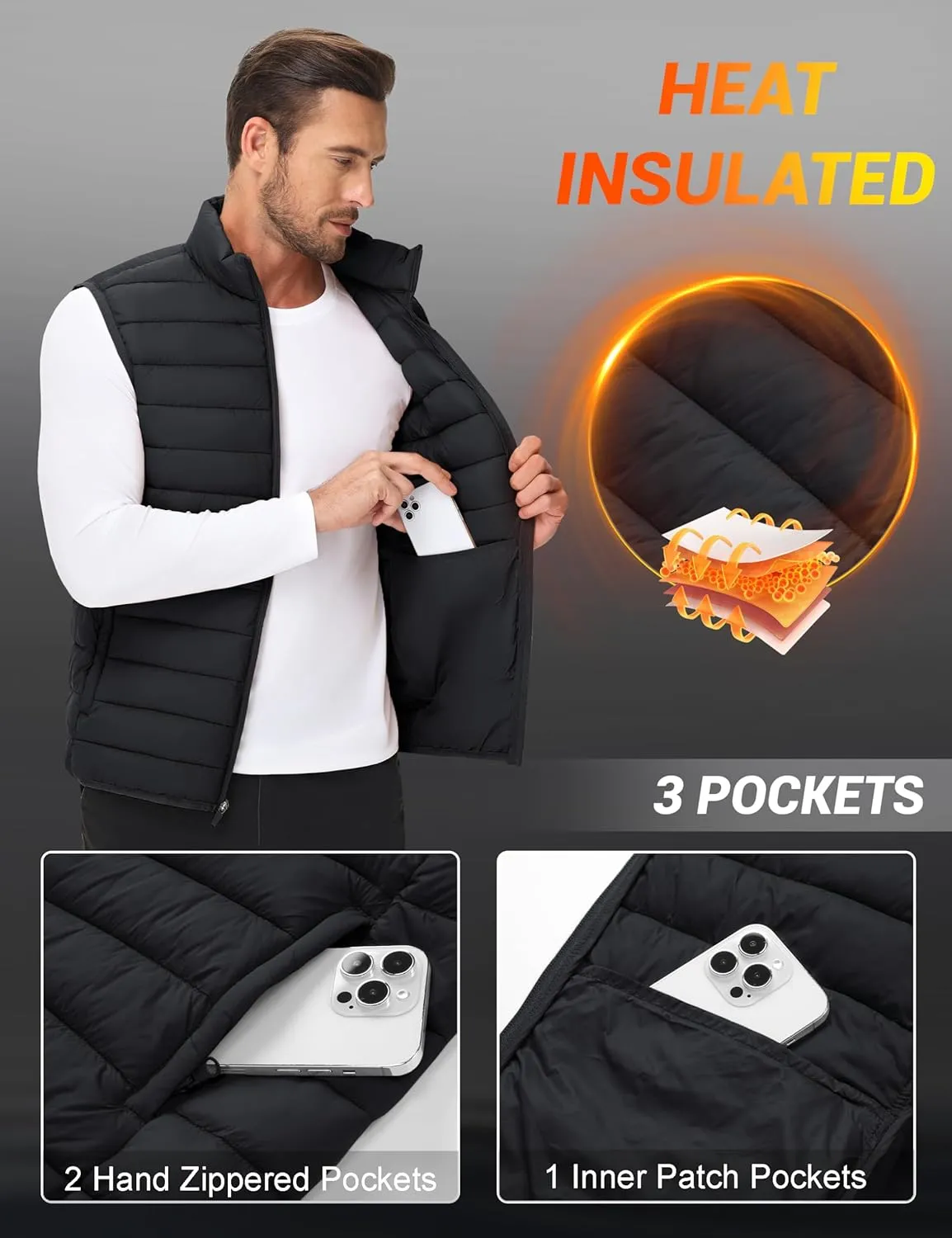 Cotrasen Men's Puffer Lightweight Vest Packable Outerwear Vest Warm Winter Outdoor Sleeveless Jacket for Travel Running