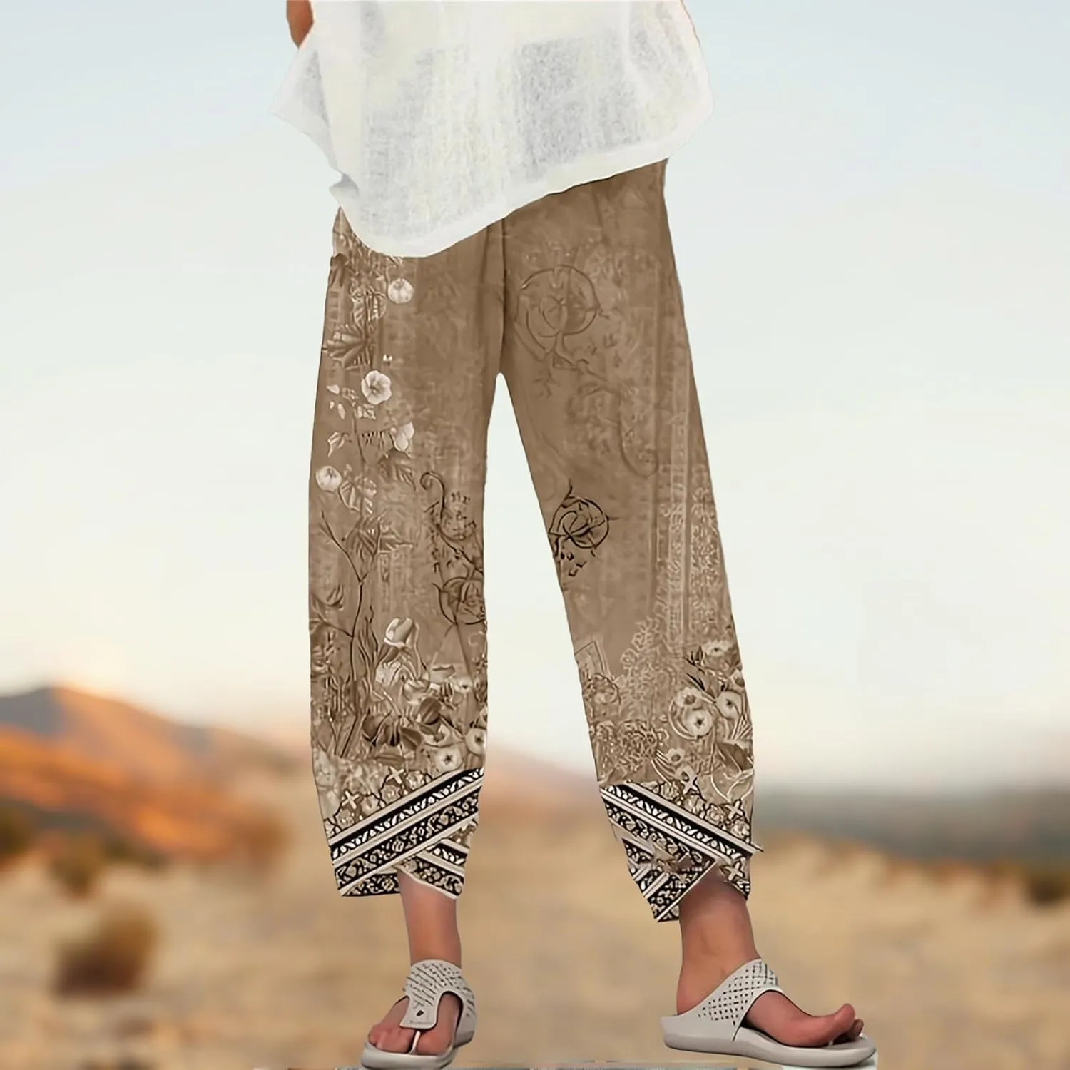 Cotton Linen Capri Pants for Women Wide Leg Summer Cropped Pants Casual Elastic Waist Trousers with Pockets