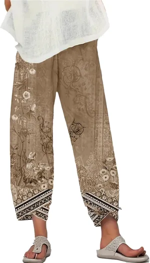 Cotton Linen Capri Pants for Women Wide Leg Summer Cropped Pants Casual Elastic Waist Trousers with Pockets