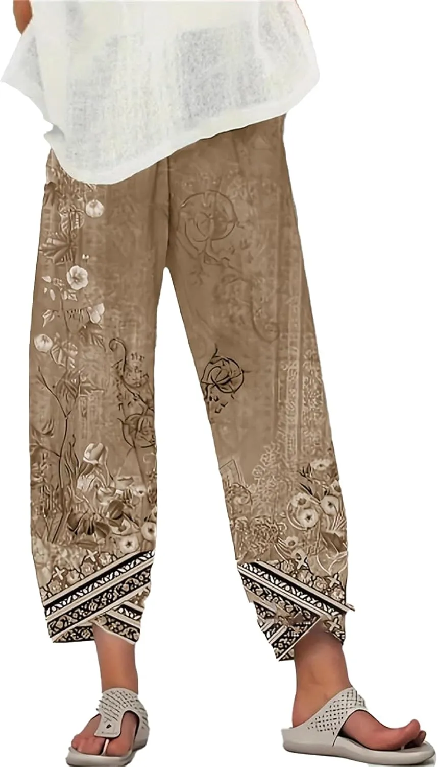 Cotton Linen Capri Pants for Women Wide Leg Summer Cropped Pants Casual Elastic Waist Trousers with Pockets