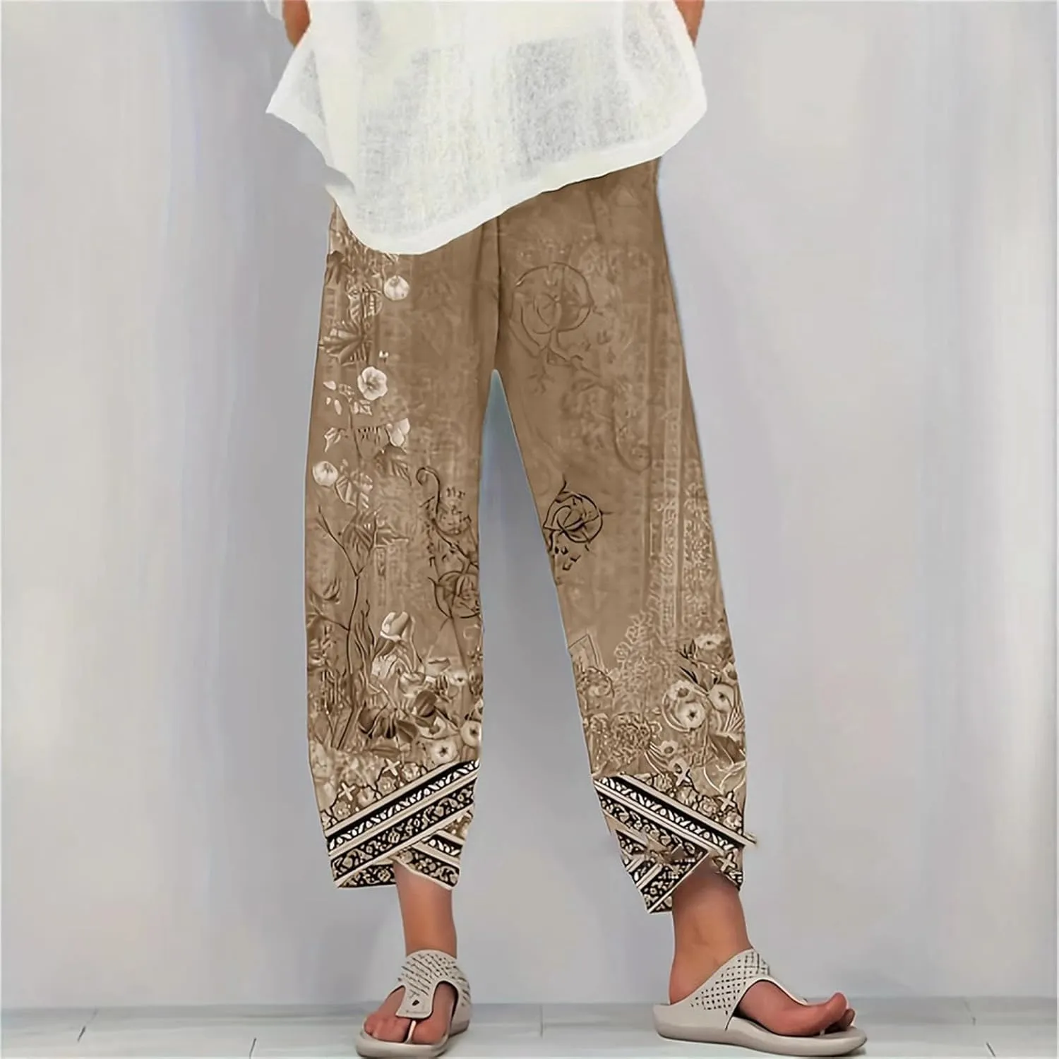 Cotton Linen Capri Pants for Women Wide Leg Summer Cropped Pants Casual Elastic Waist Trousers with Pockets