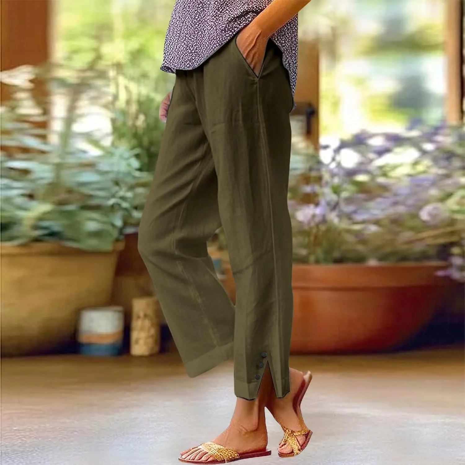 Cotton Linen Capris Pants for Women Casual Summer Straight Wide Leg Stripe Drawstring Elastic Waist Crop Trousers