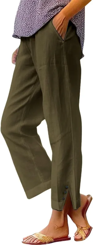 Cotton Linen Capris Pants for Women Casual Summer Straight Wide Leg Stripe Drawstring Elastic Waist Crop Trousers