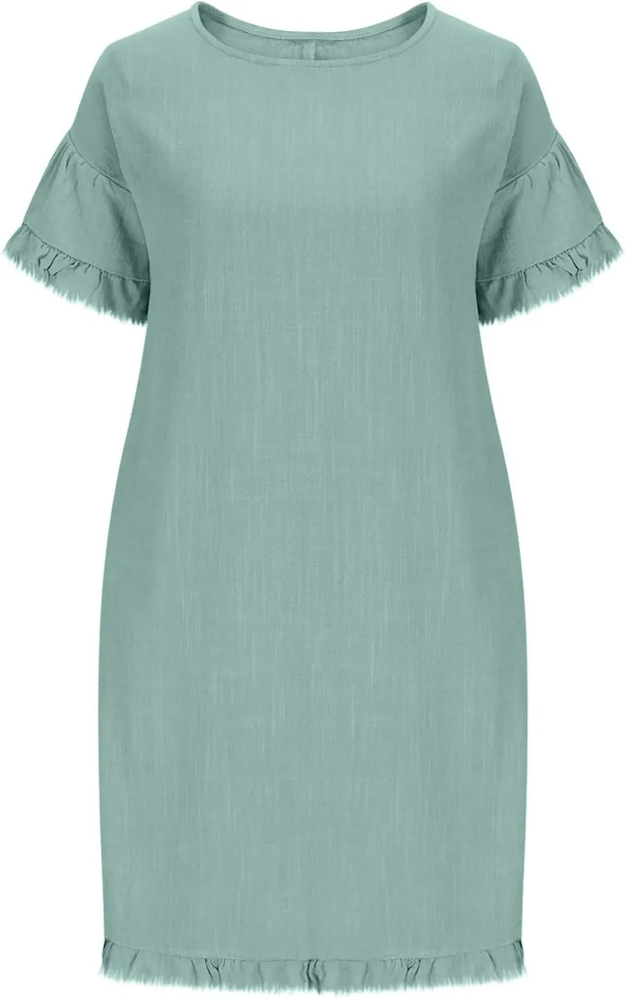 Cotton Linen Dress for Women Short Sleeve Crewneck Mini Dresses for Summer Solid Color Shift Dress with Pockets