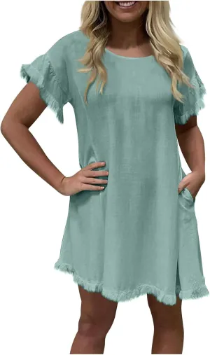 Cotton Linen Dress for Women Short Sleeve Crewneck Mini Dresses for Summer Solid Color Shift Dress with Pockets