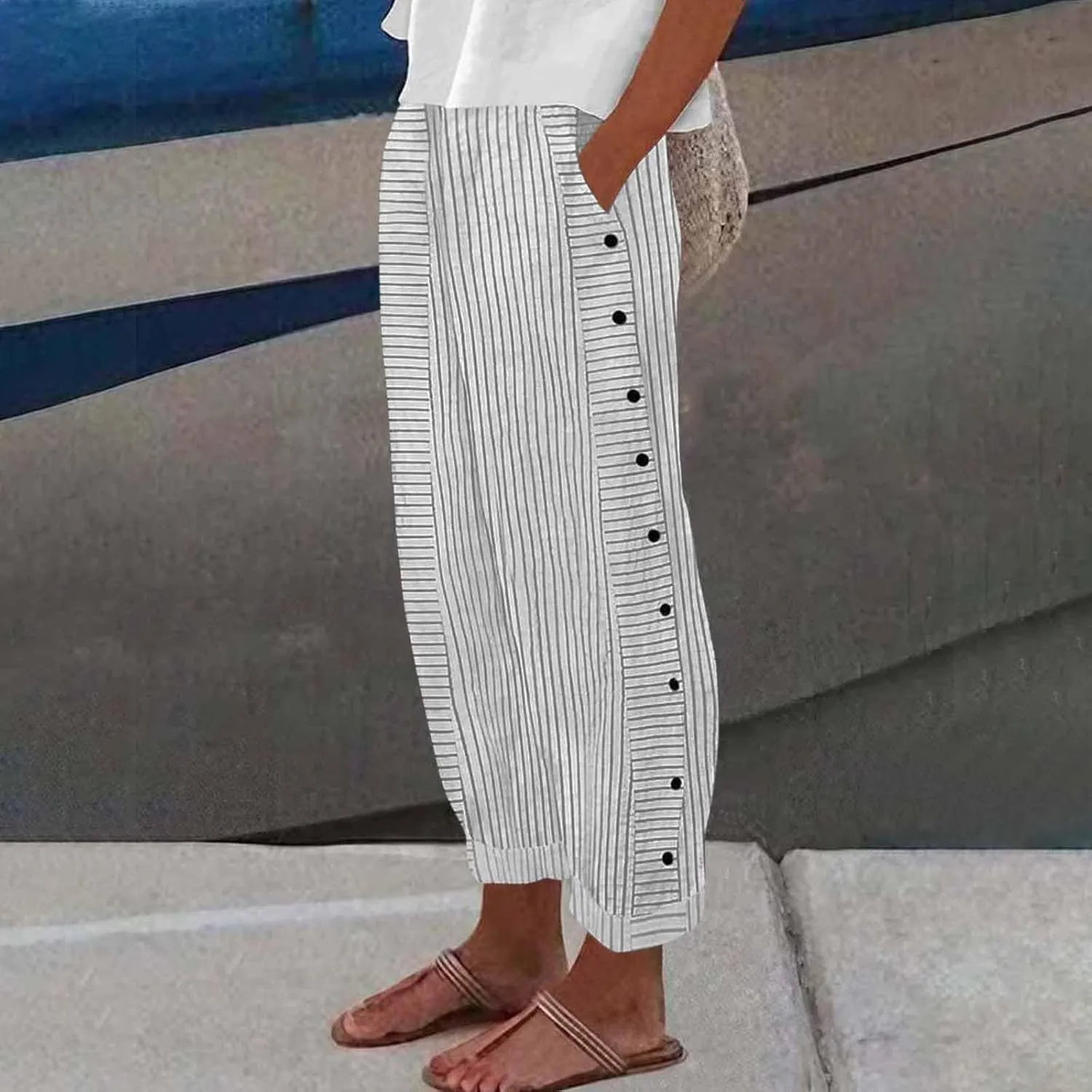Cotton Linen Pants for Women Casual Straight Leg Elastic Waist Trousers Stripe Print Beach Lounge with Pockets