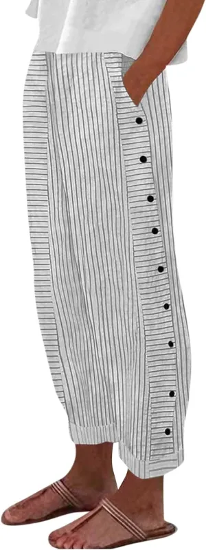 Cotton Linen Pants for Women Casual Straight Leg Elastic Waist Trousers Stripe Print Beach Lounge with Pockets