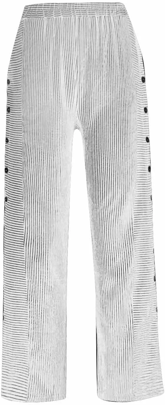 Cotton Linen Pants for Women Casual Straight Leg Elastic Waist Trousers Stripe Print Beach Lounge with Pockets