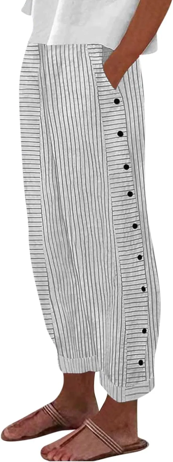 Cotton Linen Pants for Women Casual Straight Leg Elastic Waist Trousers Stripe Print Beach Lounge with Pockets