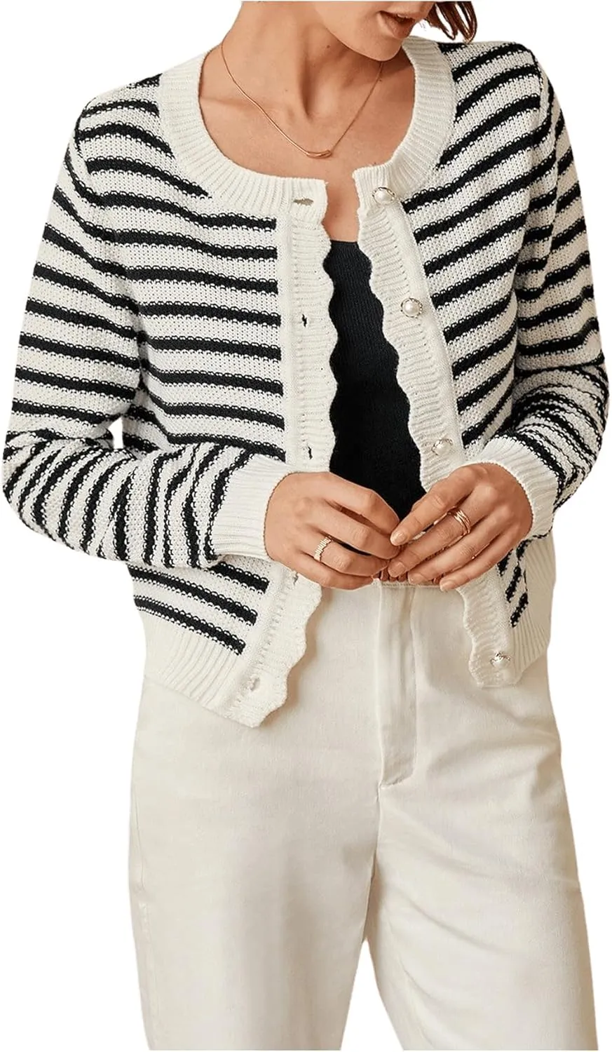 COZYEASE Women's Frenchy Striped Pattern Lightweight Cardigan Scallop Trim Button Fall Open Front Sweater Outwear