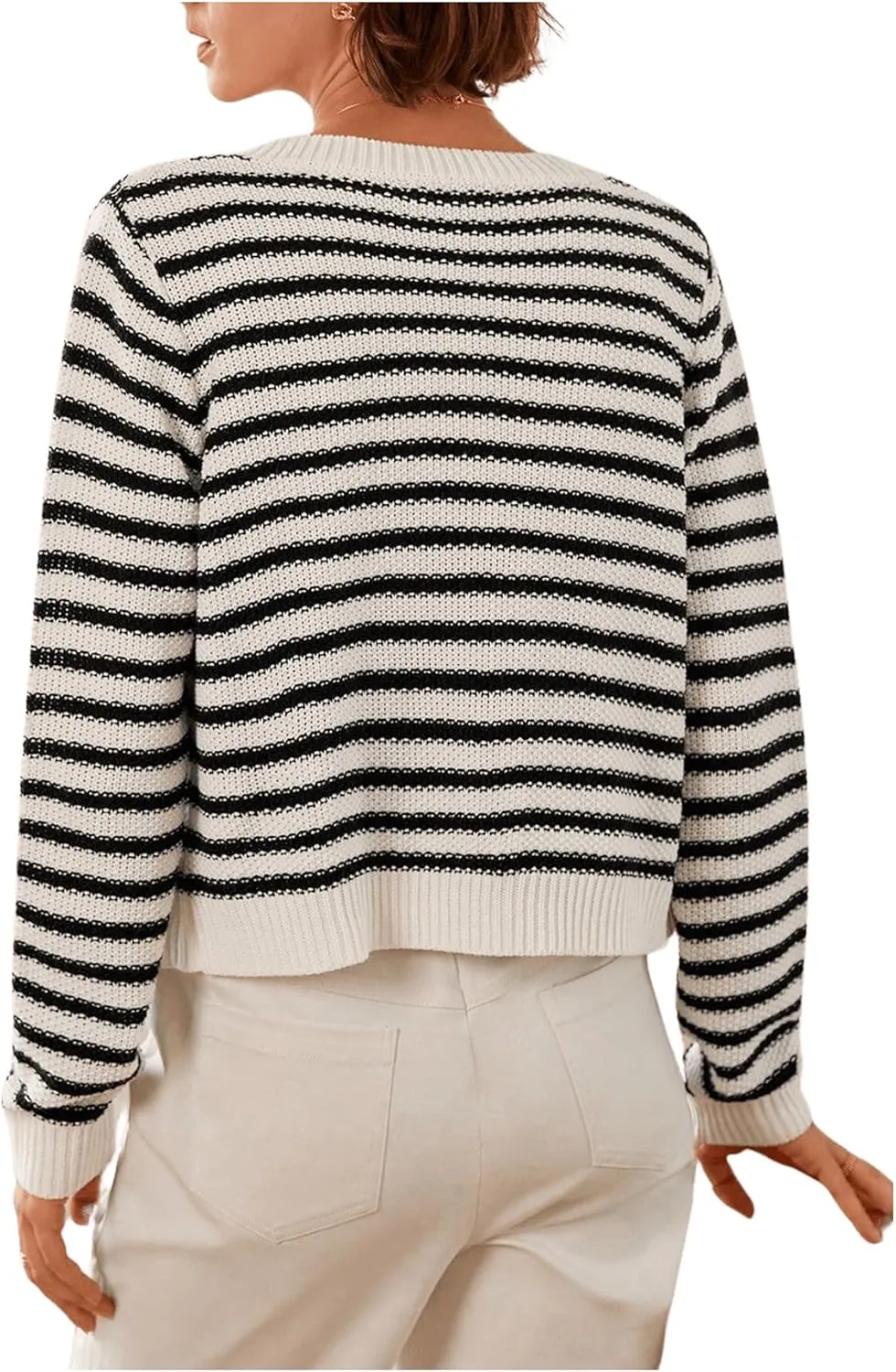 COZYEASE Women's Frenchy Striped Pattern Lightweight Cardigan Scallop Trim Button Fall Open Front Sweater Outwear