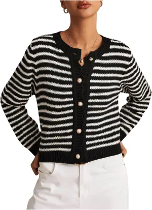 COZYEASE Women's Frenchy Striped Pattern Lightweight Cardigan Scallop Trim Button Fall Open Front Sweater Outwear