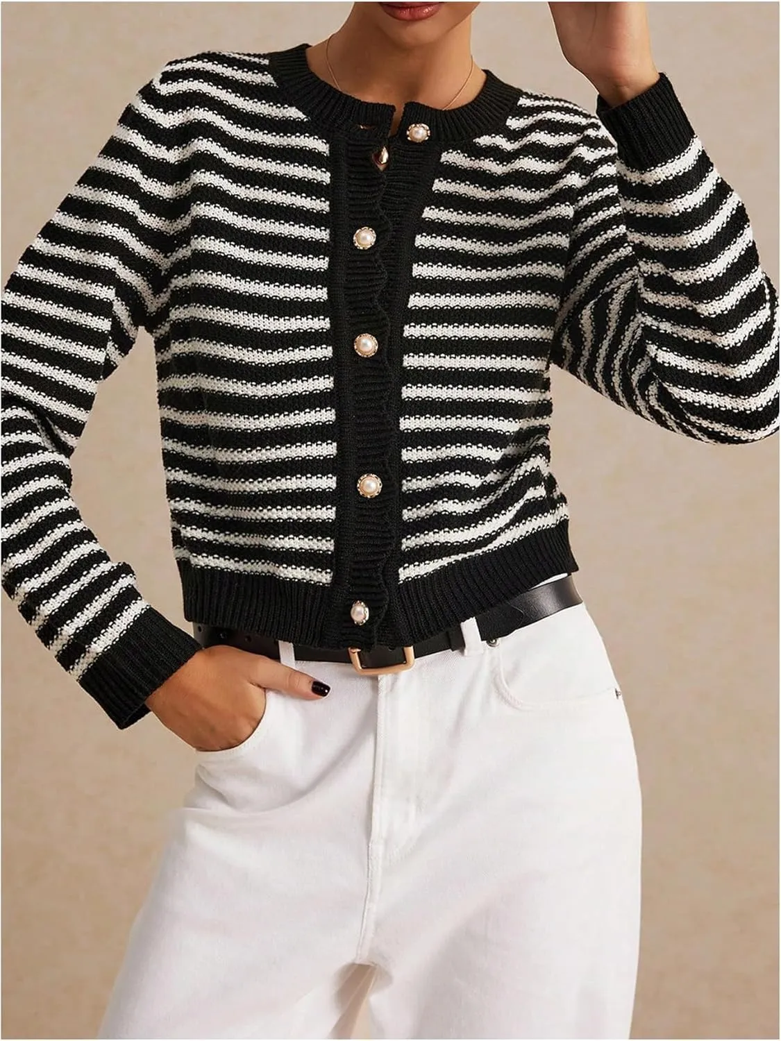 COZYEASE Women's Frenchy Striped Pattern Lightweight Cardigan Scallop Trim Button Fall Open Front Sweater Outwear