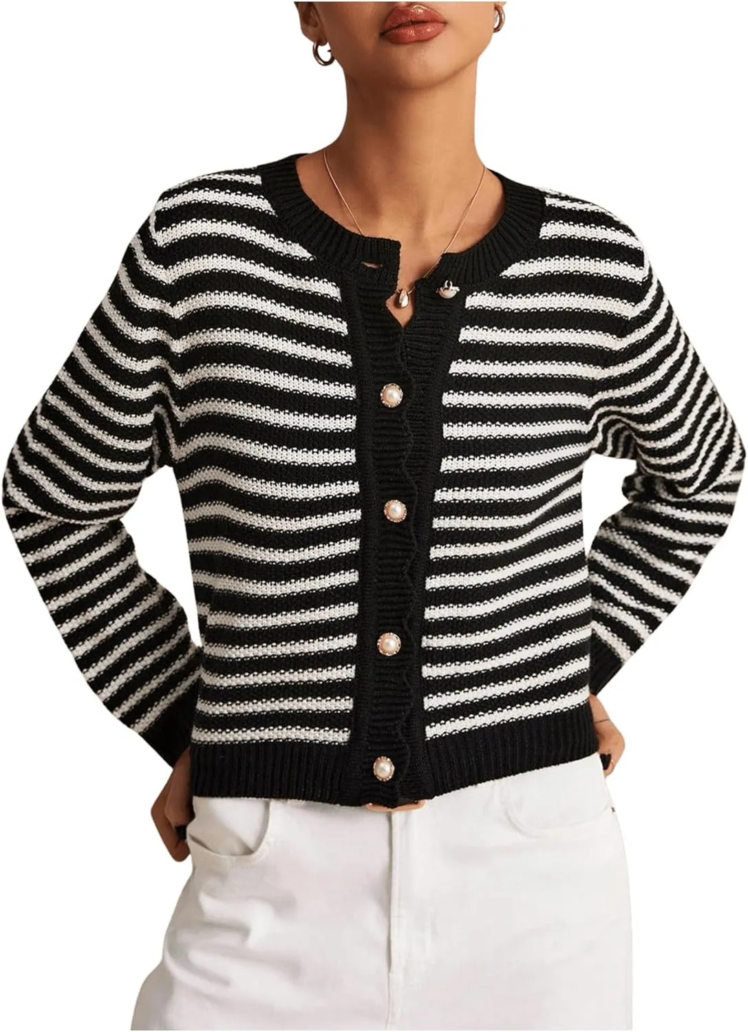 COZYEASE Women's Frenchy Striped Pattern Lightweight Cardigan Scallop Trim Button Fall Open Front Sweater Outwear