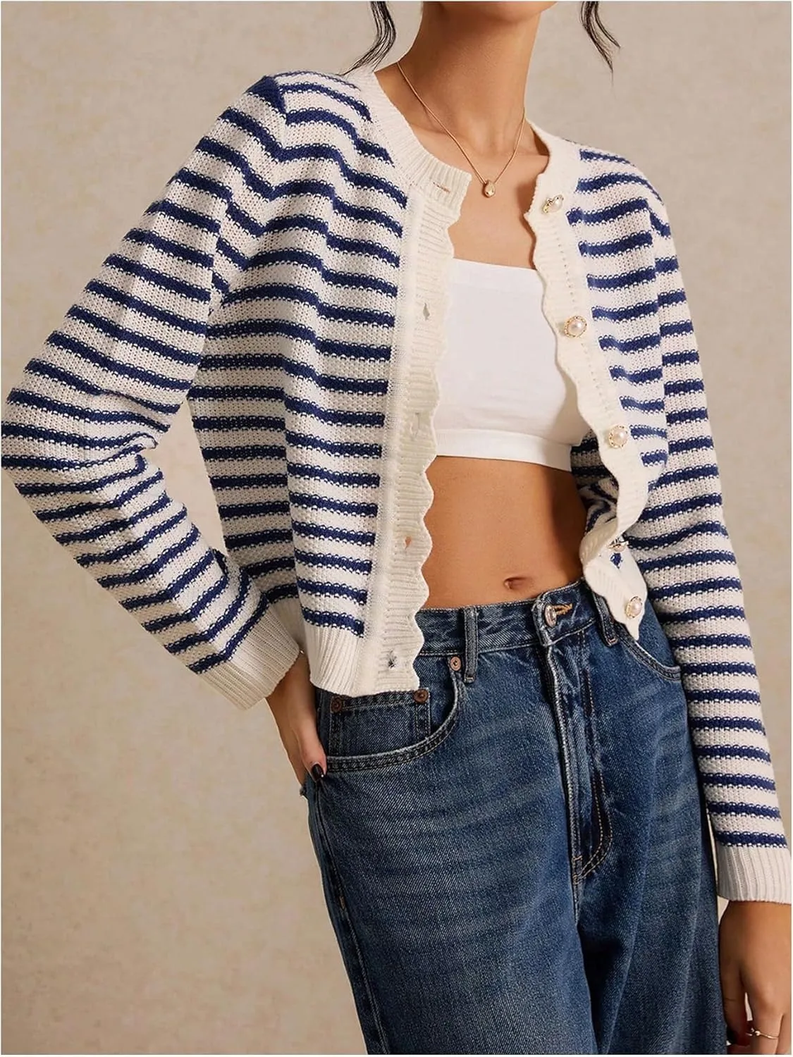 COZYEASE Women's Frenchy Striped Pattern Lightweight Cardigan Scallop Trim Button Fall Open Front Sweater Outwear