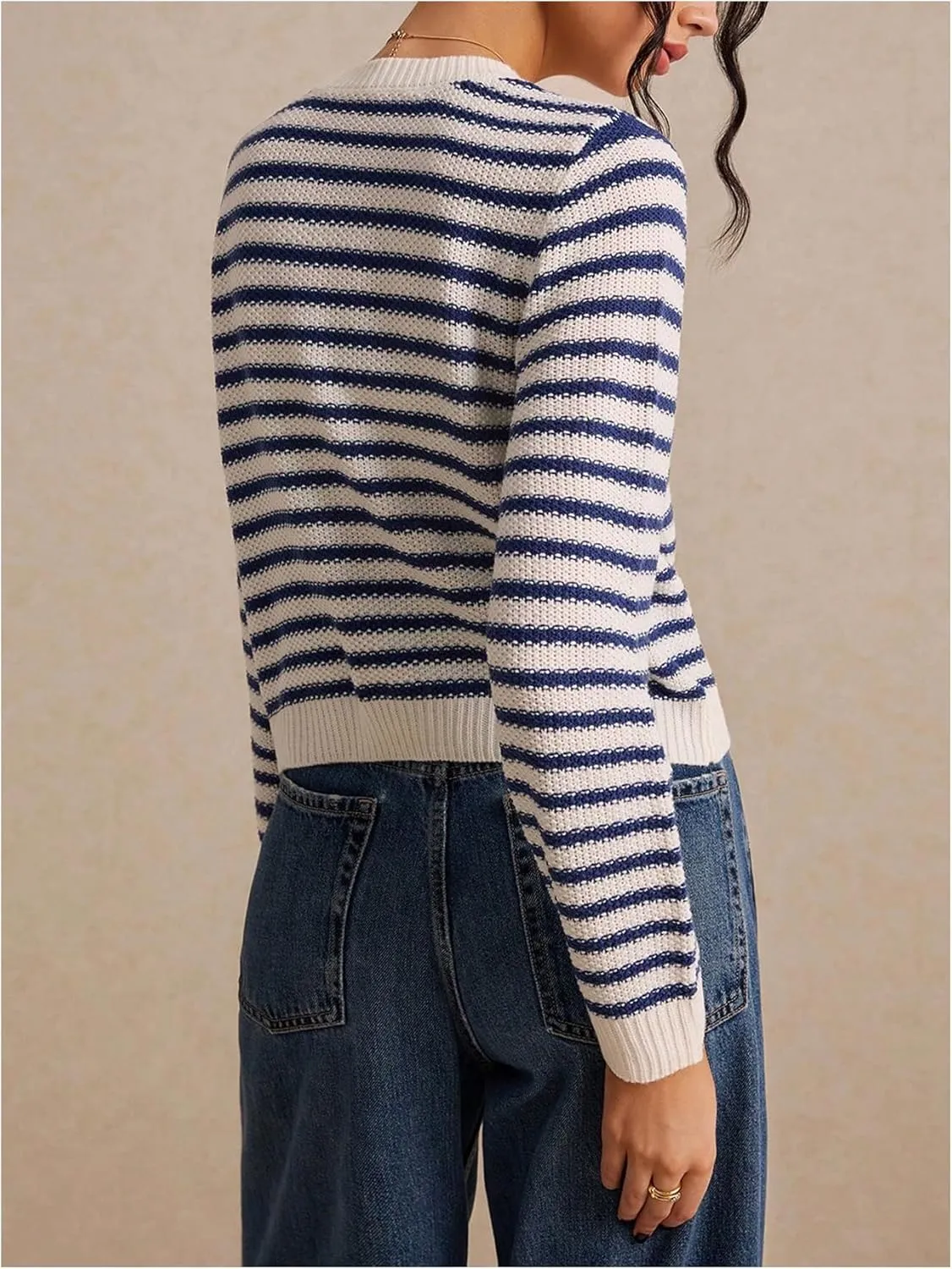 COZYEASE Women's Frenchy Striped Pattern Lightweight Cardigan Scallop Trim Button Fall Open Front Sweater Outwear