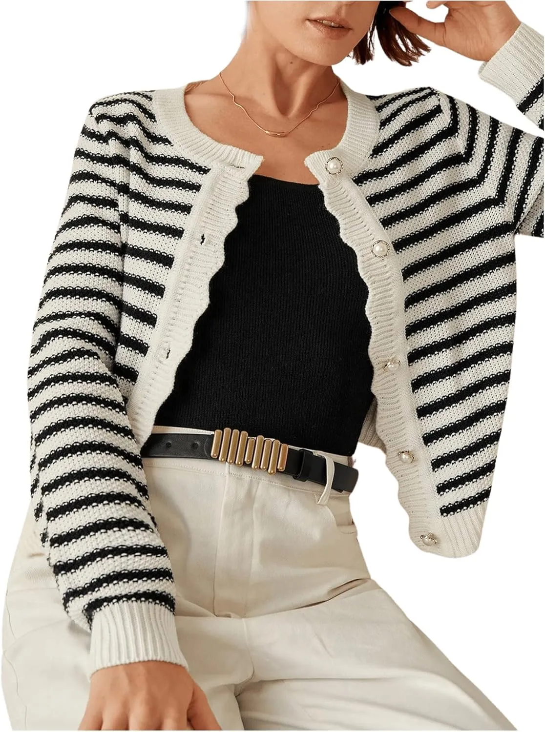 COZYEASE Women's Frenchy Striped Pattern Lightweight Cardigan Scallop Trim Button Fall Open Front Sweater Outwear
