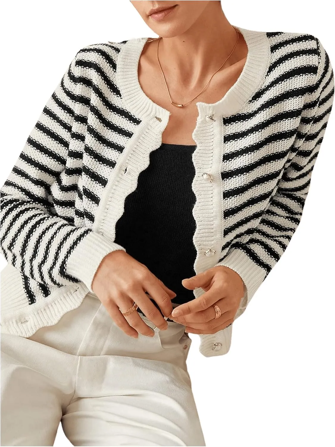COZYEASE Women's Frenchy Striped Pattern Lightweight Cardigan Scallop Trim Button Fall Open Front Sweater Outwear