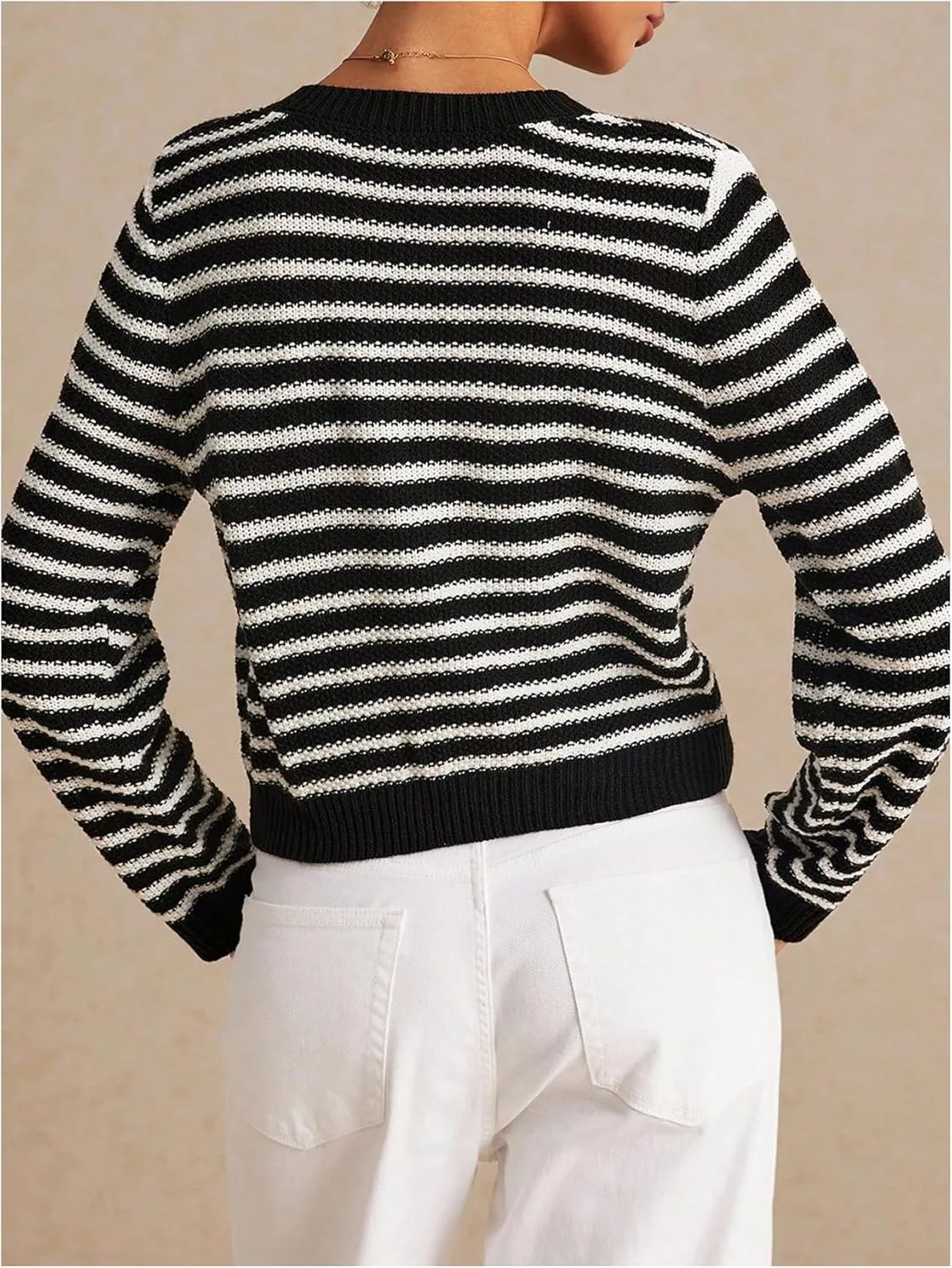COZYEASE Women's Frenchy Striped Pattern Lightweight Cardigan Scallop Trim Button Fall Open Front Sweater Outwear
