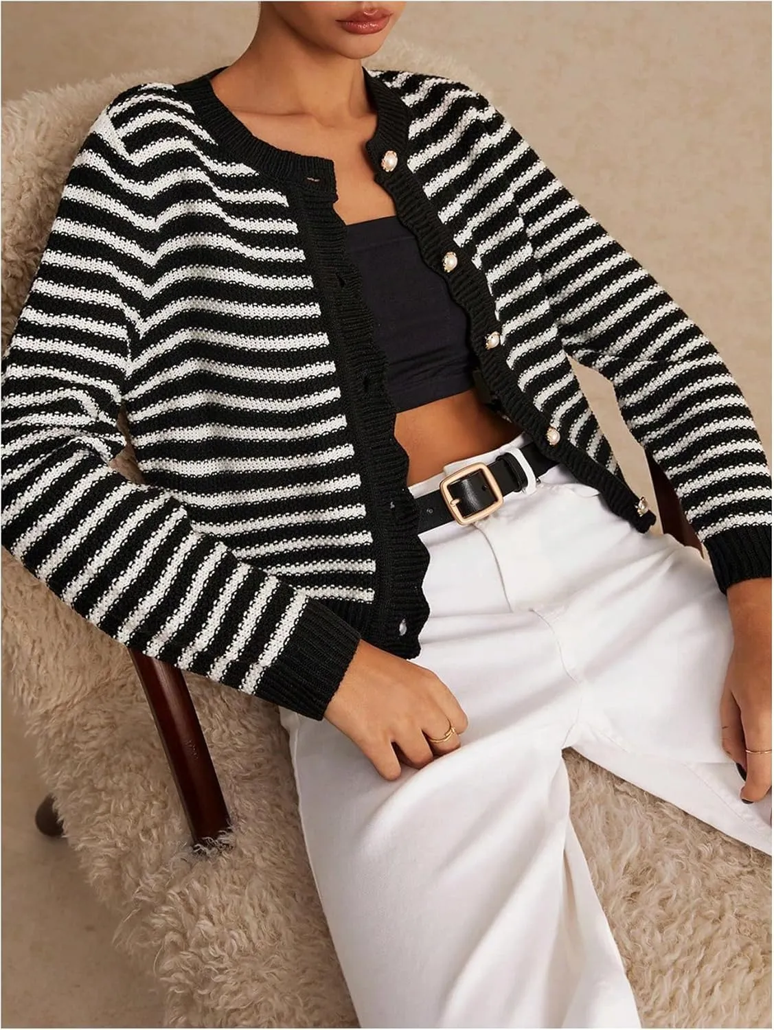COZYEASE Women's Frenchy Striped Pattern Lightweight Cardigan Scallop Trim Button Fall Open Front Sweater Outwear